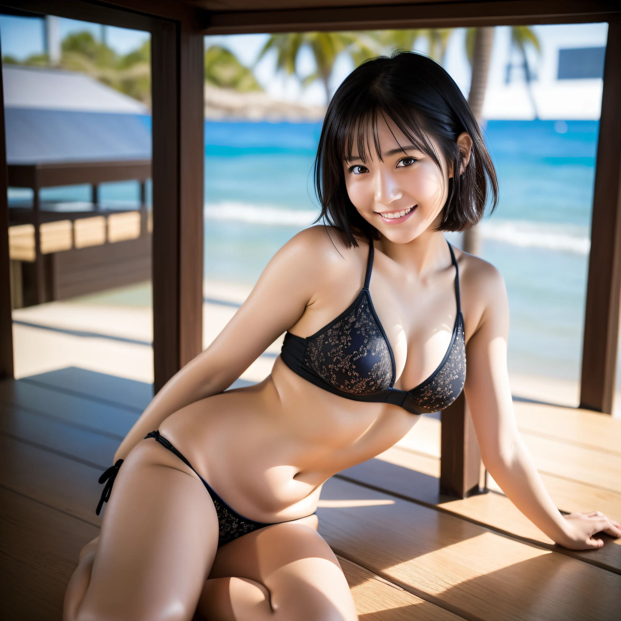 ((Best Quality, 8K)), Beach Girl, Cinema Lighting, 12 Years Old, Gravure Idol, Japan Person, Black Hair, Short Hair, No Makeup, Realistic Skin, Smile, Thigh, Detailed Eyes, Micro Bikini, Background Blur