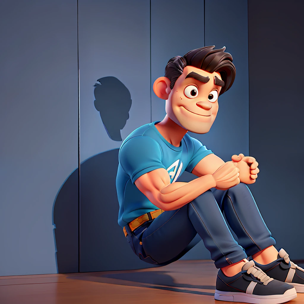 Cute and adorable cartoon man ,fit, 44-years-old, short airplane hair, super short hair,Killer eye, front-facing, casual wear ,muscular , angry mood,fit, Wear dark blue jeans and black running shoes,full body view, Toy figures, fantasy, dreamlike, surrealism, super cute, trending on artstation