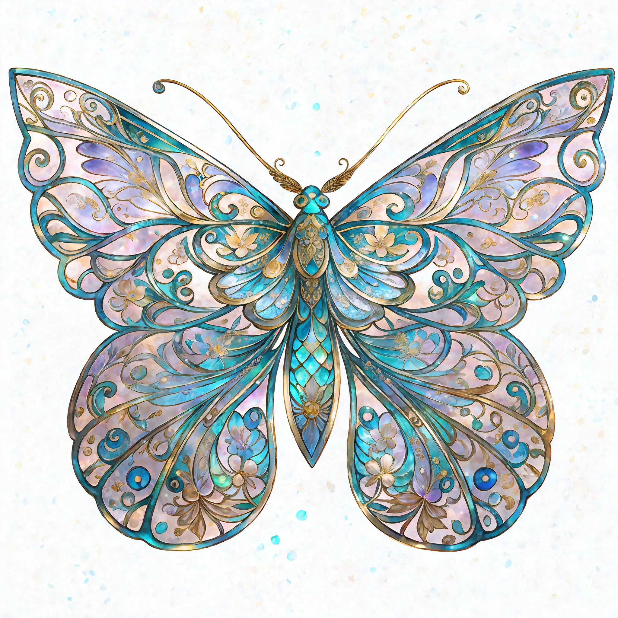 Rainbow color, flying insect, scale, wing, blue, textured, complex, gorgeous, shadow, light pastel color, highly detailed, decorative style, Tim Burton, Dale Chihuli, Xiaolongcheng, Cyril Rolando, author hour gigue, bright gold, rainbow gold leaf, gold dust, sparkle, diamond, crystal, rainbow, gold dust, gold leaf, bright gold, universe, milky way, starry sky, (traditional Chinese color matching, Traditional Chinese patterns: 1.5), Baoxiang flowers, William Morris, (gold lace, and detailed details, masterpieces, gold artwork: 1.5)