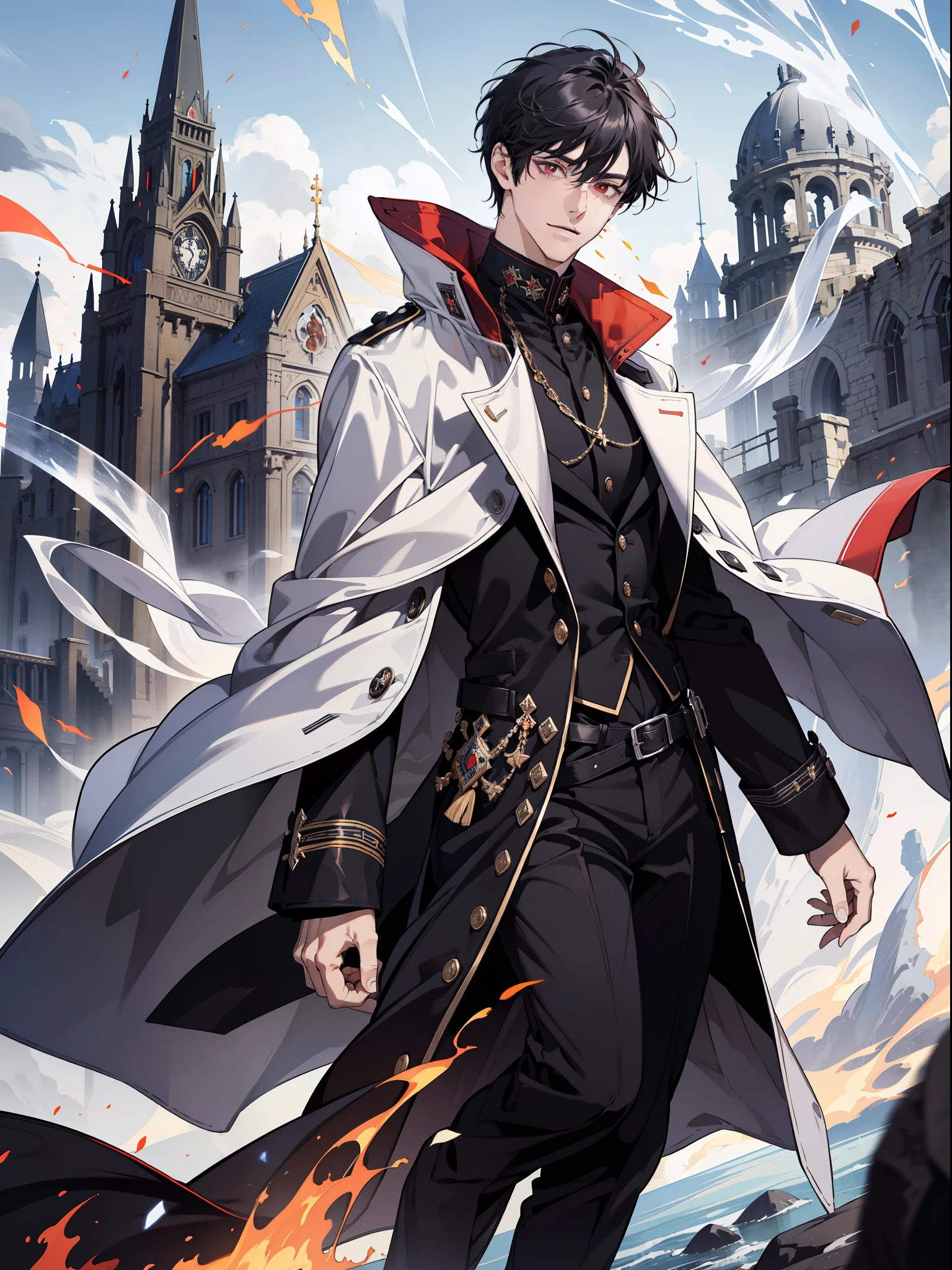 (absurd, high resolution), (panorama), a man, very handsome, noble, red eyes, short hair, black hair, smile, white clothes, black trench coat, black trousers, black boots, (white magic streamer for hands), medieval wind, magic bloom, (blue magic array under feet), daytime, ancient wind, soul ring, exaggeration, flame burning, lightning