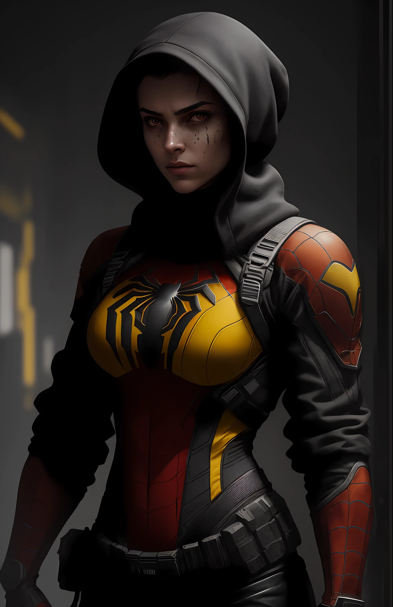 (dark shot: 1.1), epic realistic, Woman dressed as Spider-Man from Marvel, yellow gradient, black, brown and purple color scheme, grunge aesthetic!!! graffiti tag wall background, art by Greg Rutkowski and artgerm, soft cinematic light, Adobe Lightroom, darkroom, HDR, intricate, highly detailed, (depth of field: 1.4), faded, (neutral colors: 1.2), (hdr: 1.4), (muted colors: 1.2), hyper-detail (artstation: 1.4), cinematic, warm light, dramatic light (complex details: 1.1)