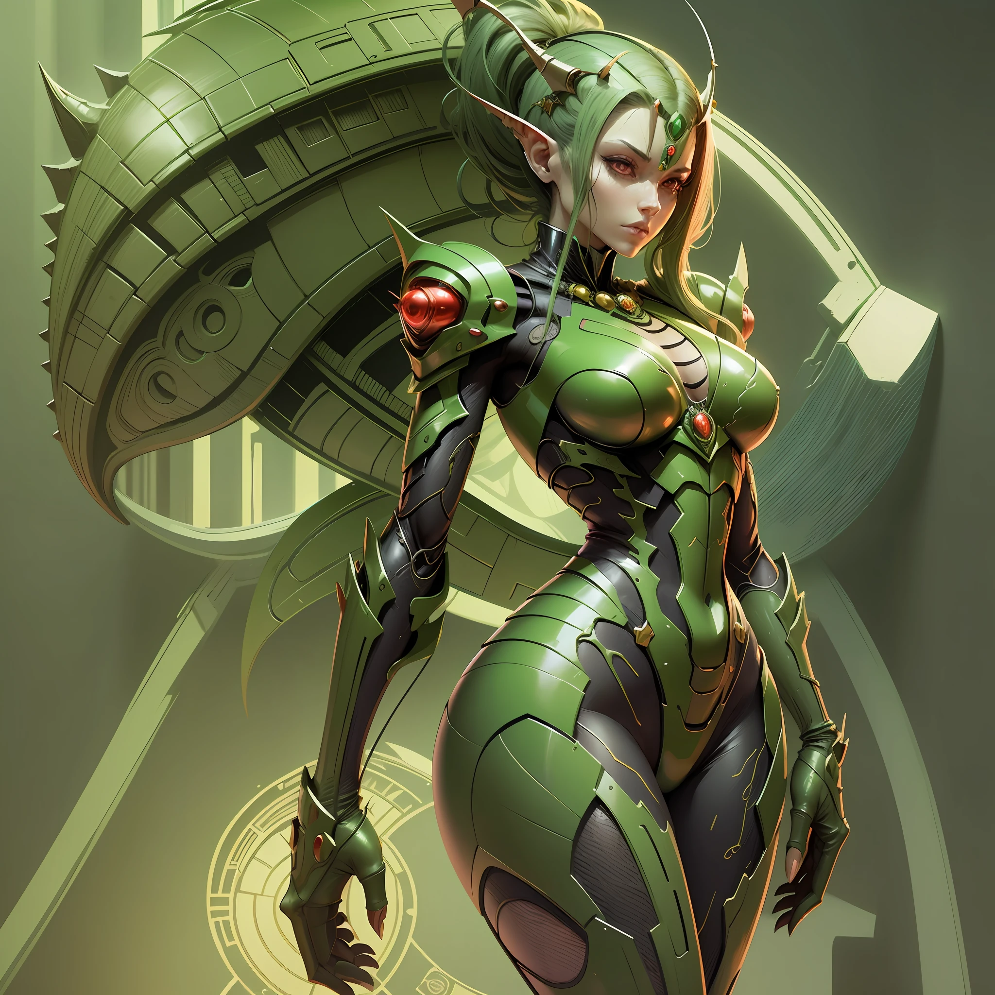 Cartoon photo of woman in green and red costume, hot insect humanoid woman, Guyver style, SFW version, red eye, scarab reploid, bellows tail, cel shade adult animation, alien queen, serpentine pose, --auto --s2