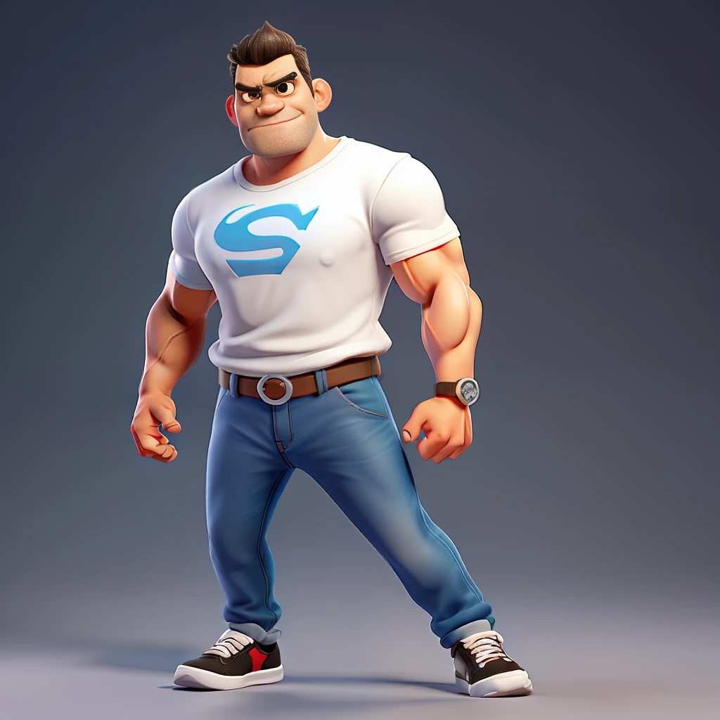 Cute and adorable cartoon man ,fit, 47-years-old, super short hair,Killer eye, front-facing, casual wear ,muscular , angry mood,fit, Wearing white T-shirt and dark blue jeans and black running shoes, looks like a boss, full body view, highly detailed hands ,Toy figures, best quality, 3d cartoon,full body view, fantasy, dreamlike, surrealism, super cute, trending on artstation