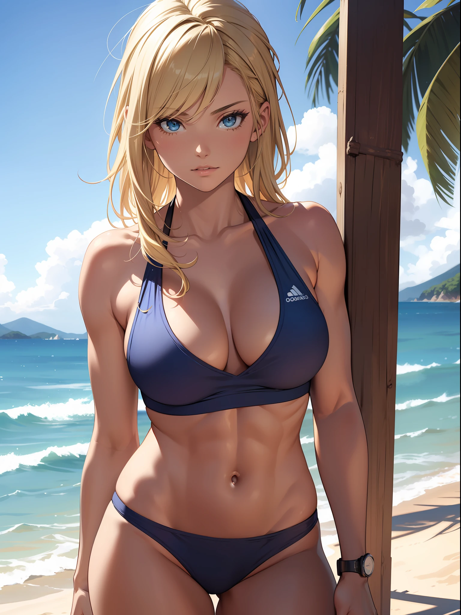 best quality, masterpiece, detailed, intricate, beautiful girl, muscular, sexy, tomboy, blonde, attractive, playing beach volleyball, beautiful beach, aesthetic, artistic, cinematic, natural lighting, summer