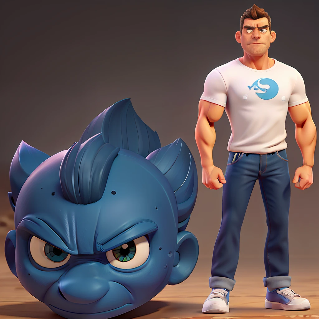 Cute and adorable cartoon man ,fit, 47-years-old, super short hair,Killer eye, highly detailed eyes,front-facing, casual wear ,muscular , angry mood,fit, Wearing white T-shirt and dark blue jeans and black running shoes, looks like a boss, full body view, highly detailed hands ,Toy figures,best quality, 3d cartoon,full body view, fantasy, dreamlike, surrealism, super cute, trending on artstation
