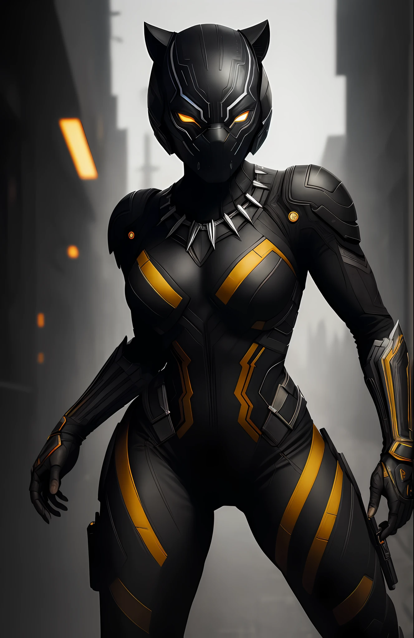 (dark shot: 1.1), epic realistic, Woman dressed as Black Panther (sexy) from Marvel, gradient yellow, black, brown and purple color scheme, grunge aesthetic!!! graffiti tag wall background, art by Greg Rutkowski and artgerm, soft cinematic light, Adobe Lightroom, darkroom, HDR, intricate, highly detailed, (depth of field: 1.4), faded, (neutral colors: 1.2), (hdr: 1.4), (muted colors: 1.2), hyper-detail (artstation: 1.4), cinematic, warm light, dramatic light (complex details: 1.1)