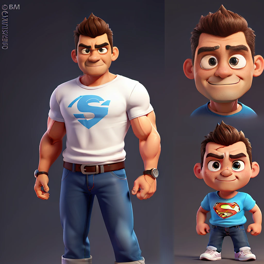 Cute and adorable cartoon  man ,fit, 47-years-old, super short hair，Killer eye, highly detailed eyes，front-facing, casual wear ,muscular , angry mood，fit, Wearing white T-shirt and dark blue jeans and black running shoes， looks like a boss, full body view, highly detailed hands ，Toy figures,best quality, 3d cartoon，full body view, fantasy, dreamlike, surrealism, super cute, trending on artstation