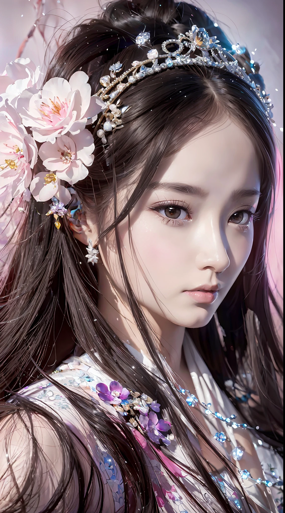 a close up of a woman with long hair wearing a tia, trending on cgstation, artwork in the style of guweiz, beautiful character painting, beautiful digital artwork, ethereal beauty, inspired by Ai Xuan, digital fantasy art ), 8k high quality detailed art, ((a beautiful fantasy empress)), by Li Song, ross tran 8 k, a beautiful fantasy empress