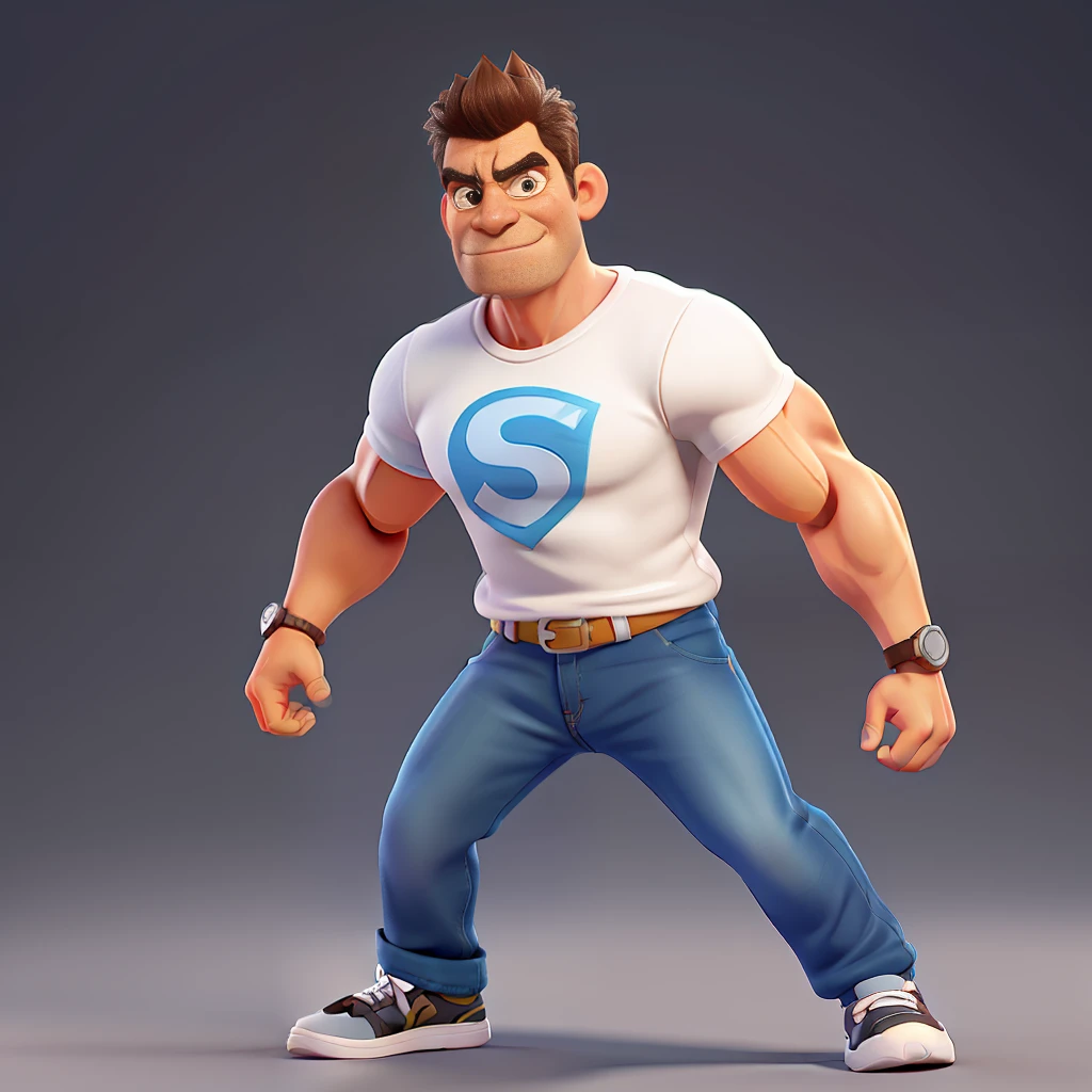 Cute and adorable cartoon man ,fit, 47-years-old, super short hair,Killer eye, highly detailed eyes,front-facing, casual wear ,muscular , angry mood,fit, Wearing white T-shirt and dark blue jeans and black running shoes, looks like a boss, full body view, highly detailed hands ,Toy figures,best quality, 3d cartoon,full body view, fantasy, dreamlike, surrealism, super cute, trending on artstation