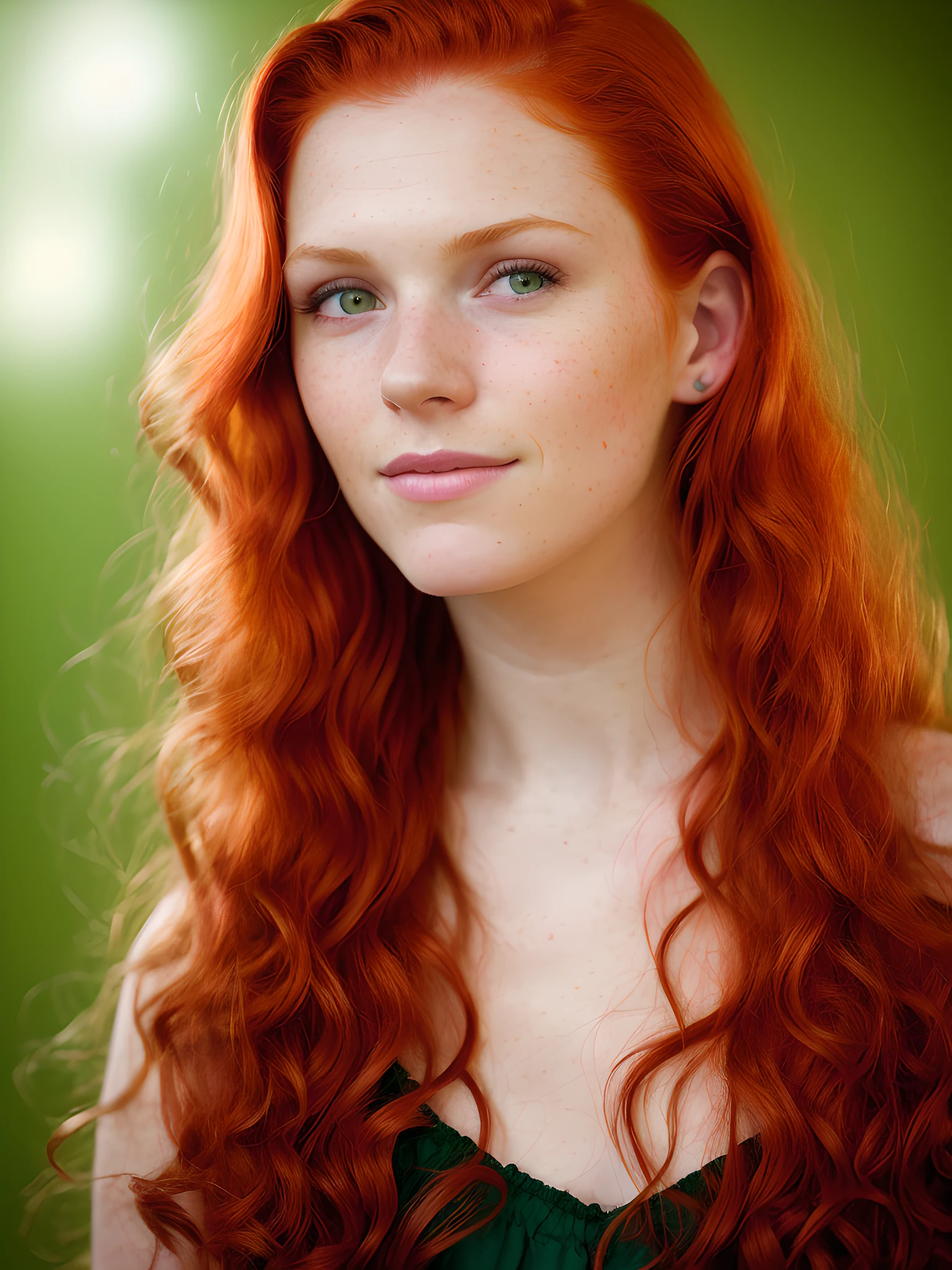 (portrait, editorial studio photograph, 20 yo woman) (red hair , perfect green eyes) (highly detailed face:1.4) (happy smirk:0.9) (natural beauty shoot) (background studio dark:1.3), by Steve McCurry, canon m50,  f1.8 ,hyper realistic ,lifelike texture, threepoint lighting , awardwinning photo,