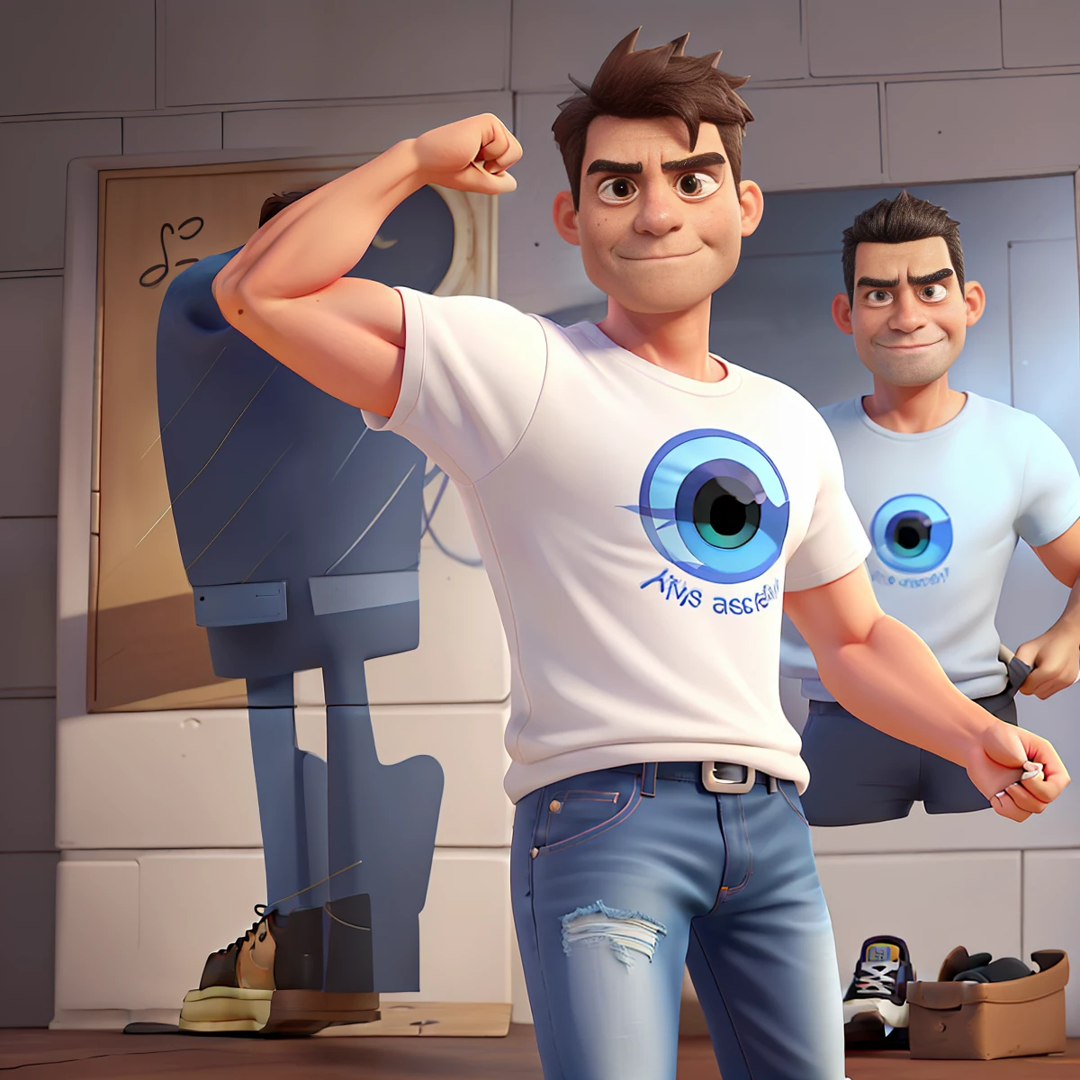 Cute and adorable cartoon  man ,fit, 47-years-old, super short hair，Killer eye, highly detailed eyes，front-facing, casual wear , angry mood，fit, Wearing white T-shirt and dark blue jeans and black running shoes， looks like a boss, full body view, highly detailed hands ，Toy figures,best quality, 3d cartoon，full body view, fantasy, dreamlike, surrealism, super cute, trending on artstation