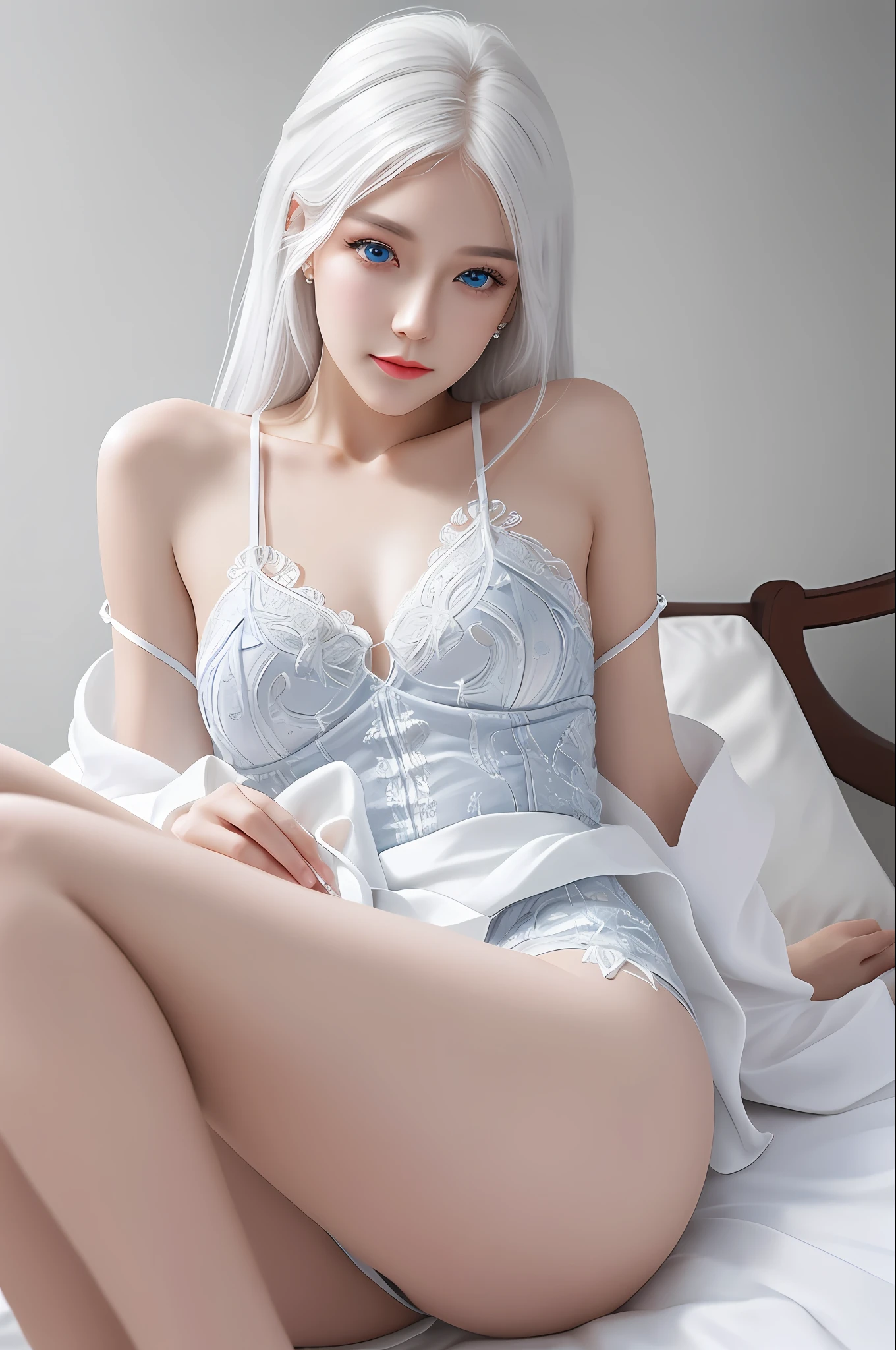 Very detailed eyes, very detailed face, very beautiful woman, best quality, super detailed (photorealistic), very delicate and beautiful legs, princess, white hair, open legs