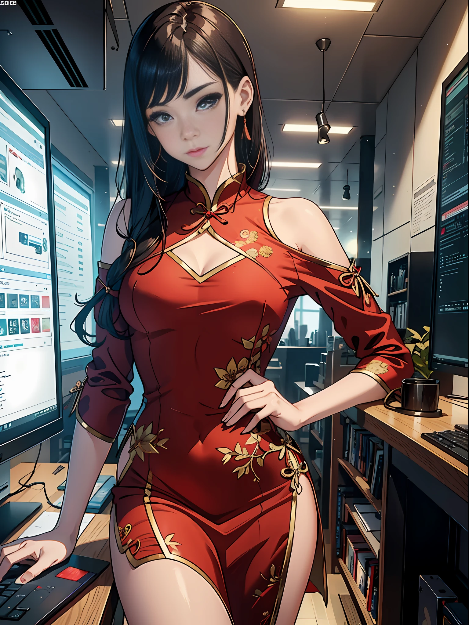 Woman who is reading and studying, young woman, there is a computer in the room, mature looks, willow eyebrows, anger, anger, standing in front of the computer, woman with exquisite facial features, woman sitting at the computer desk live broadcast, detail portrayal, infinite detail, Tyndall effect, ultra definition, 8K, character tracing, ray tracing, modern women, high appearance, beauty, intellectual beauty, sexy seduction, ((wearing red tight cheongsam))), (urban beauty), (sexy), (seductive) (off-the-shoulder)