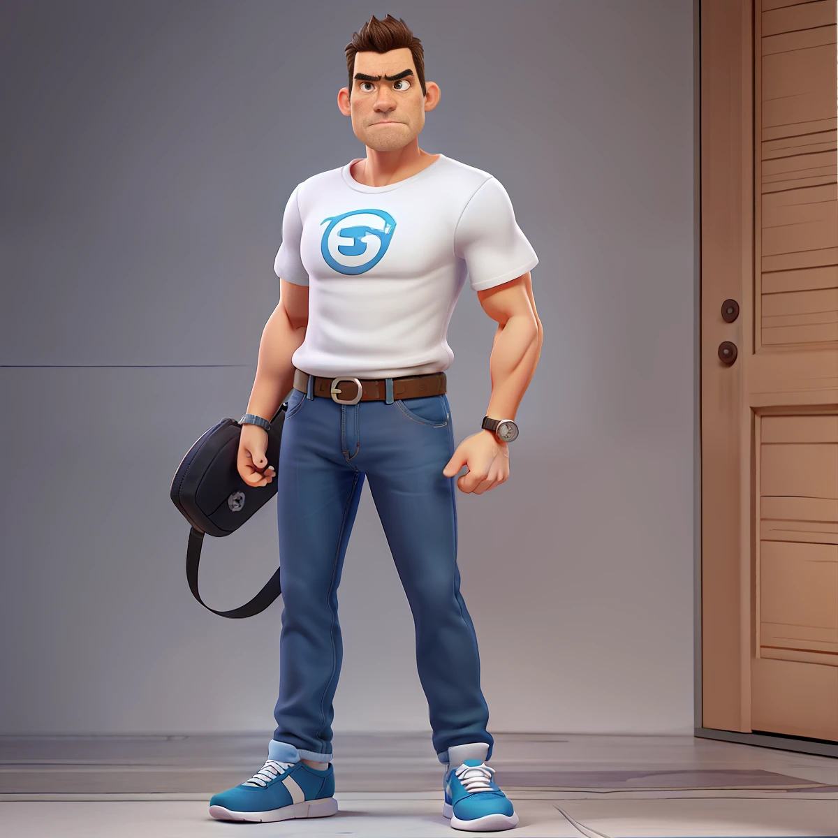 Cute and adorable cartoon man ,fit, 47-years-old, super short hair,Killer eye, highly detailed eyes,front-facing, casual wear , angry mood,fit, Wearing white T-shirt and dark blue jeans and black running shoes, looks like a boss, full body view, highly detailed hands ,Toy figures,best quality, 3d cartoon,full body view, fantasy, dreamlike, surrealism, super cute, trending on artstation