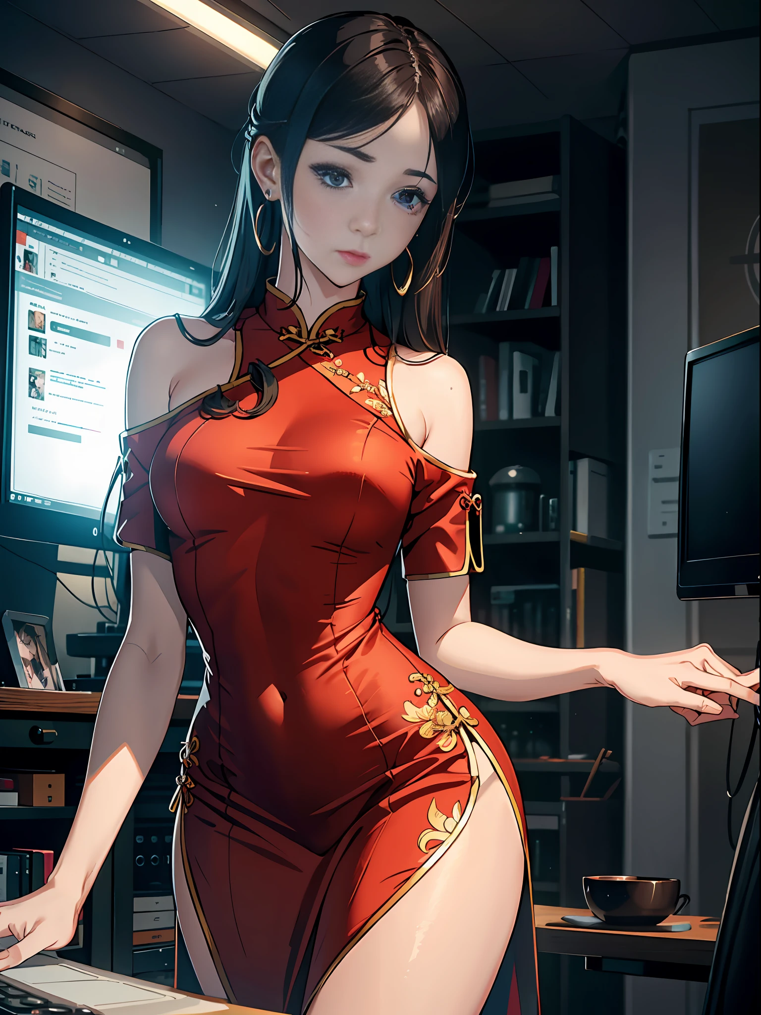 Woman who is reading and studying, young woman, there is a computer in the room, mature looks, willow eyebrows, anger, anger, standing in front of the computer, woman with exquisite facial features, woman sitting at the computer desk live broadcast, detail portrayal, infinite detail, Tyndall effect, ultra definition, 8K, character tracing, ray tracing, modern women, high appearance, beauty, intellectual beauty, sexy seduction, ((wearing red tight cheongsam))), (urban beauty), (sexy), (seductive) (off-the-shoulder)