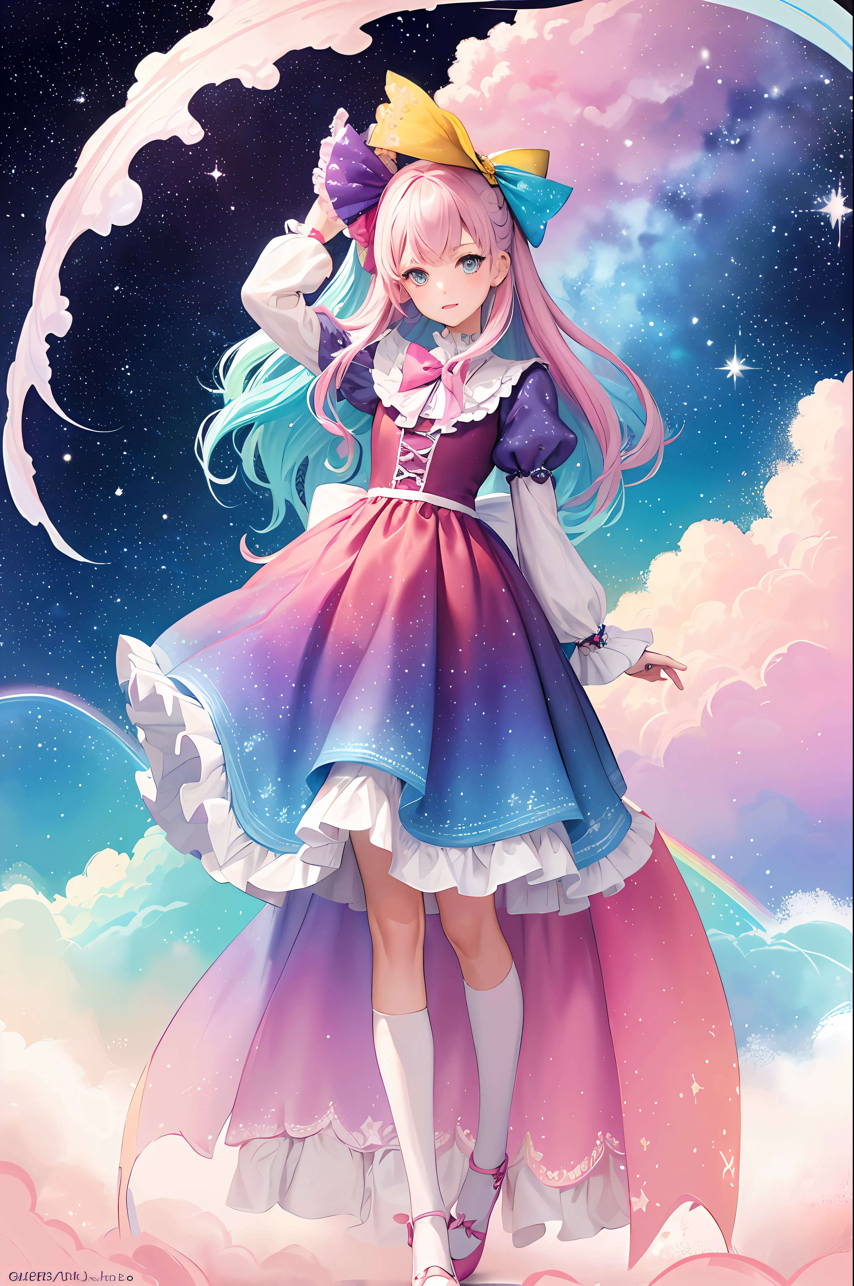 (Masterpiece, Top Quality, Best Quality, Watercolor (Medium), Official Art, Beauty and Aesthetics: 1.2), Full Body, Looking at the Viewer from the Front, Pattern, (Rainbow Hair, Pink Gradient Hair: 1.2), Water, Liquid, Clouds, Colorful, Starry Dotted, Stars, Stockings, Star Diamond Milky Way, Floral Lolita Shoes, Bow Shoe Clip;