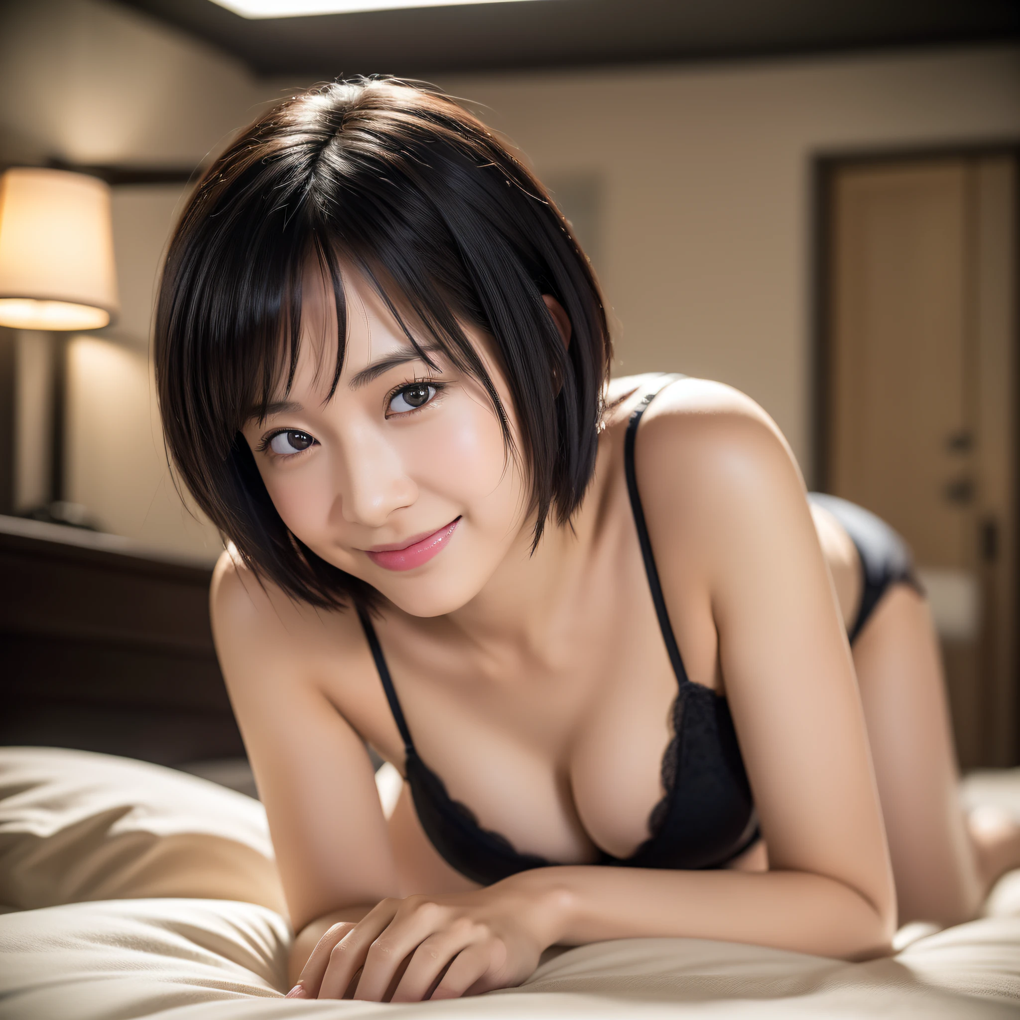 ((Best Quality, 8K)), Cinema Lighting, Gravure Idol, Japan, Black Hair, Short Hair, No Makeup, Realistic Skin, Smile, Crawling on All Fours, Detailed Eyes, Bra, Side Tie T-Back, Bed, Background Blur