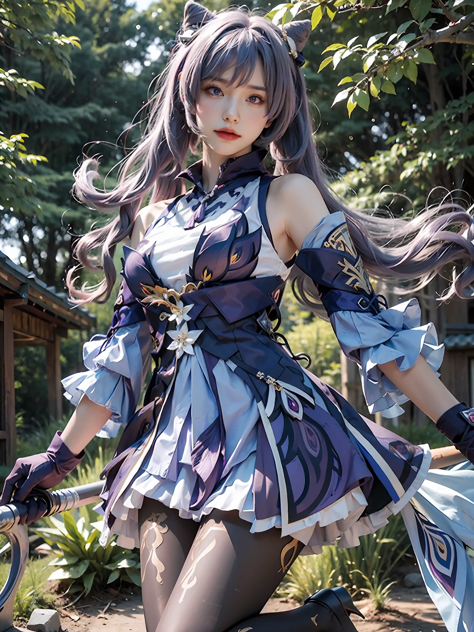 Masterpiece, best quality, detail, depth of field, ultra-realistic, realistic face and eyes, realistic skin texture, cinematic lighting, eyes to see the audience. 1 girl, solo, (frown, closed mouth), keqing_\(genshin_impact\), purple_eyes, purple hair, double tail, sharp eyes, serious face, gloves, black stockings, outdoor, purple lightning, fileg, lightning glowing sword, purple lightning, upper body