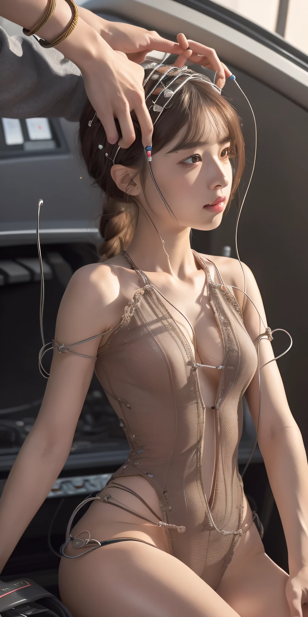 (((masterpiece))), ((((best quality)))), (((ultra-detailed))), (highly detailed CG illustration), ((an extremely delicate and beautiful)),(cute delicate face),cinematic light,((1mechanical girl)),solo,full body,(machine made joints:1.4),((machanical limbs)),(blood vessels connected to tubes),((mechanical vertebra attaching to back)),((mechanical cervial attaching to neck)),((sitting)),expressionless,(wires and cables attaching to head and body:1.5),(character focus),science fiction