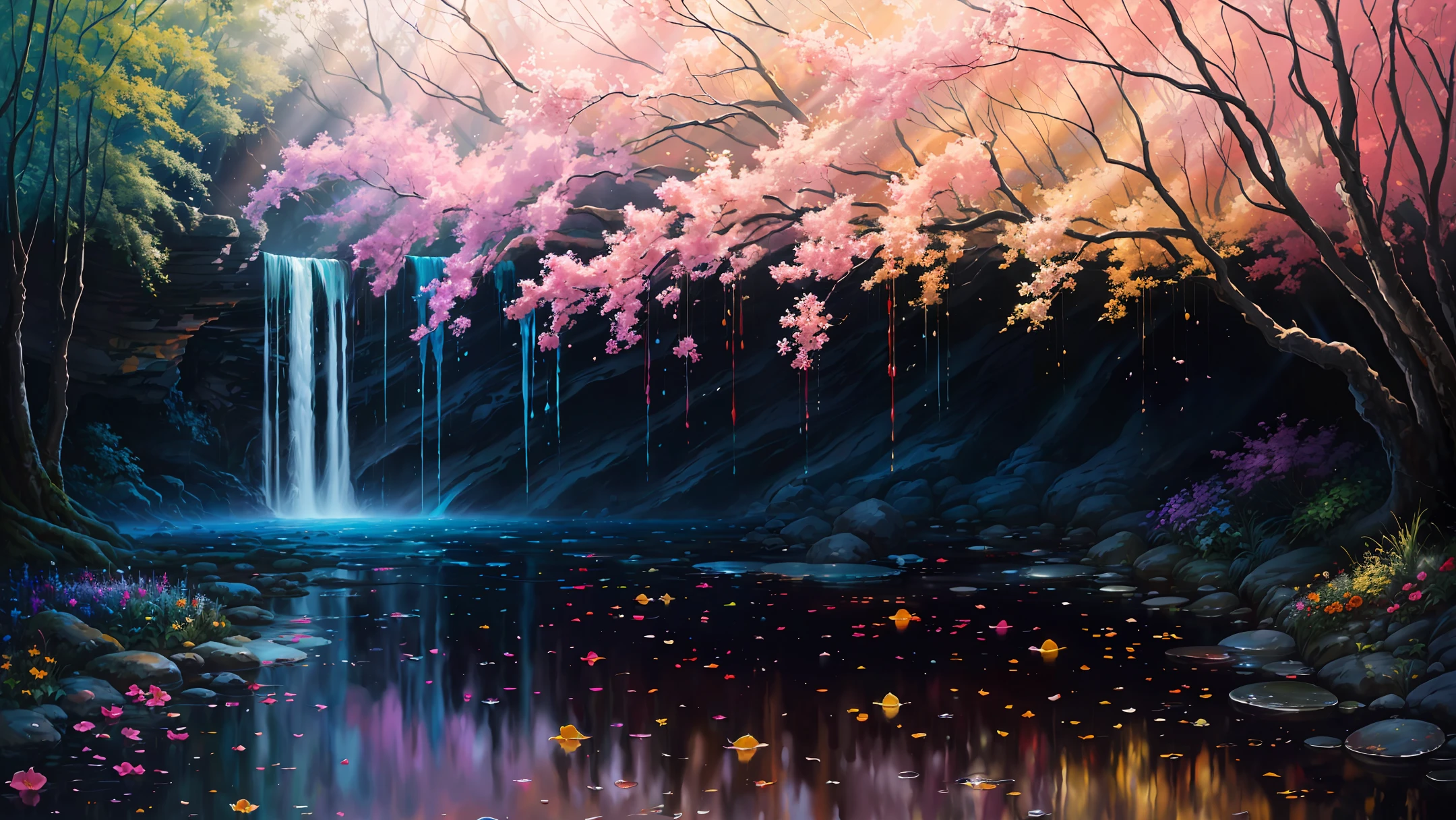 (level difference: 1.8),(Painting colliding and splashing on canvas),(depth), biblical paradise in a garden of amazing flowers,(liquid rainbow hair paint:1.1) made of painting and defying gravity, thick flow, (splashes of paint: 1.3), liquid state, incredibly beautiful, masterpiece, detailed background, high quality model, ethereal background, abstract beauty, explosive volume, oil painting, heavy brushstrokes, romantic lighting, sub-scattering surface, lens 135 mm, f1.8, brightness, 8k, high resolution, dreamy, ray tracing, hdr, divine rays,