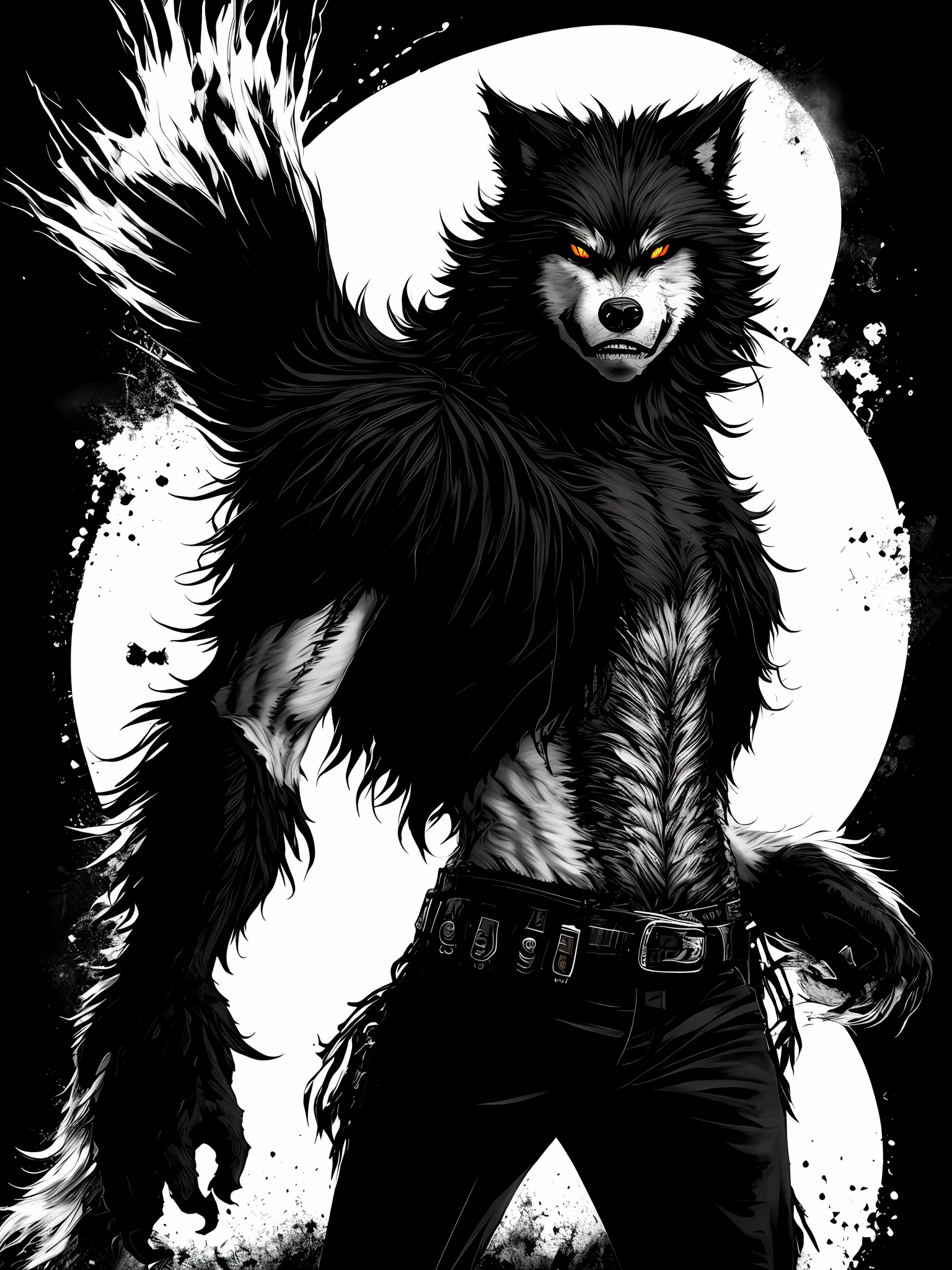 (a full body werewolf, solo, black and white), in the style of Mork Borg, strong contrast, grunge dirty punk splash art, zine black metal, blue and black background