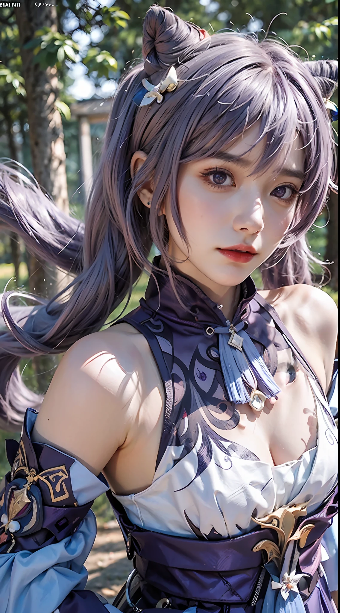 Masterpiece, best quality, detail, depth of field, ultra-realistic, realistic face and eyes, realistic skin texture, cinematic lighting, eyes to see the audience. 1 girl, solo, (frown, closed mouth), keqing_\(genshin_impact\), purple_eyes, purple hair, double tail, sharp eyes, serious face, gloves, black stockings, outdoor, purple lightning, fileg, lightning glowing sword, purple lightning, upper body