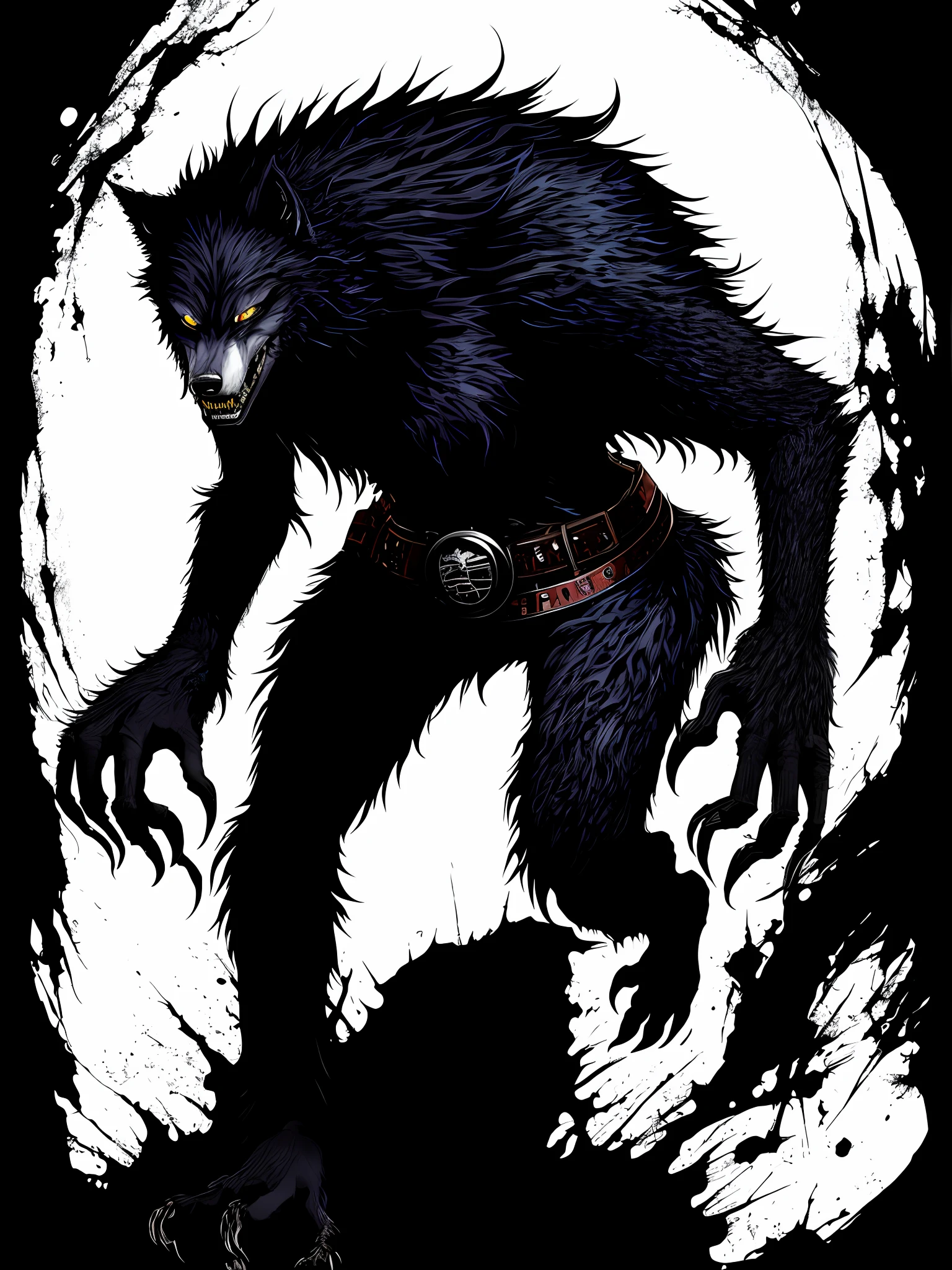 (a full body werewolf, solo, black and white), in the style of Mork Borg, strong contrast, grunge dirty punk splash art, zine black metal, blue and black background