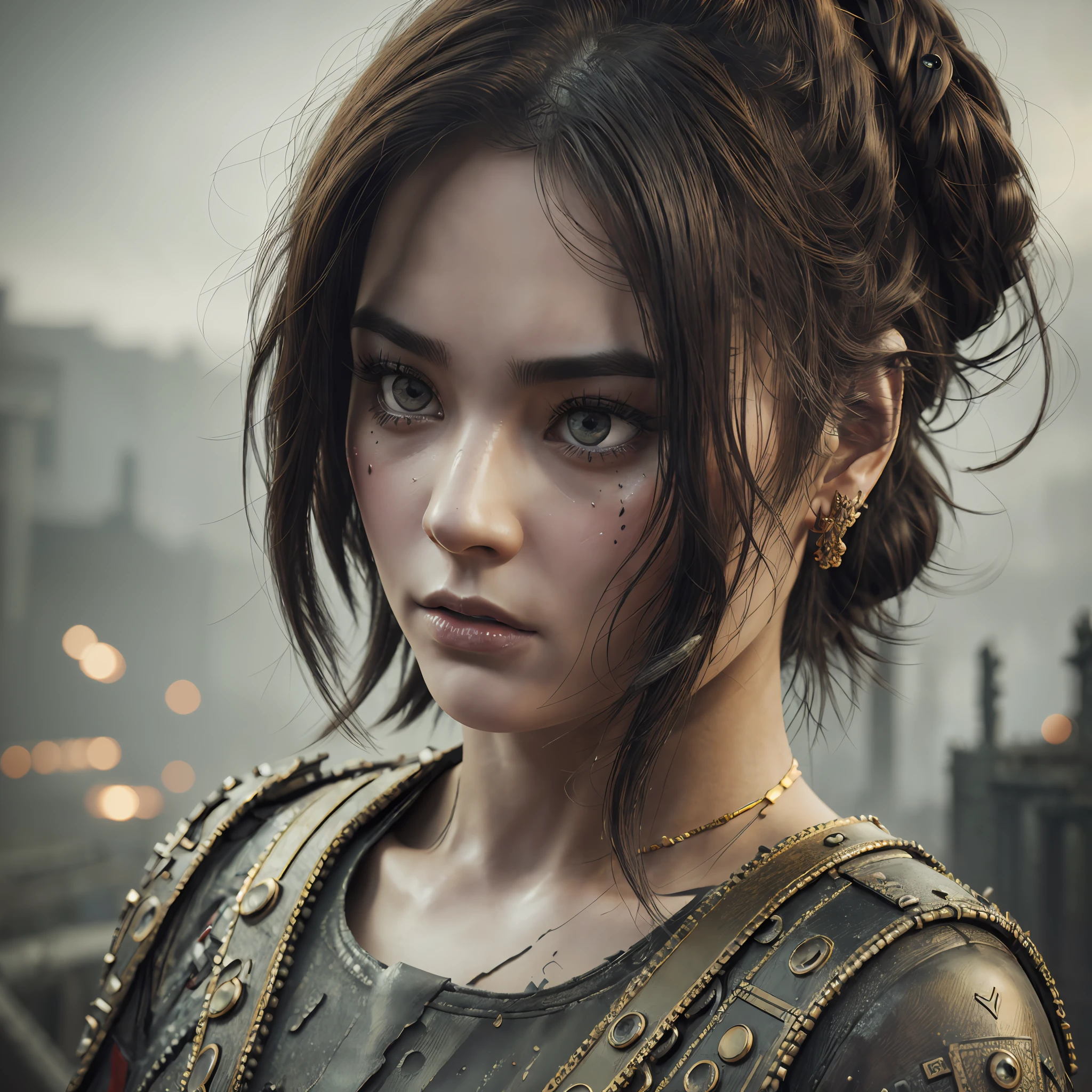 woman, solo, ((very detailed face))), ((very detailed eyes and face))), unified 8k wallpaper, HDR, OCtane renderer, a post-apocalyptic woman, red and black color scheme, very detailed apocalyptic roof background, detailed face, detailed complex busy background, messy, gorgeous, dark gold, highly detailed skin, realistic skin details, visible pores, clear focus, volumetric fog, 8k uhd, DSLR camera, high quality, Fair skin, photorealism, lomography, huge palaces of the ancient apocalypse --auto --s2