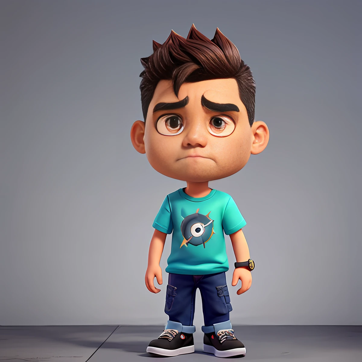 Cute small 47-years-old male Fashion Artist , huge head, Crew cut hair,Killer eye, highly detailed eyes,front-facing, casual wear , angry mood,fit, Wearing Gradient Short Sleeve Shirt and dark blue jeans and black running shoes, looks like a boss, full body view, highly detailed hands ,Toy figures,best quality, 3d cartoon,full body view, fantasy, dreamlike, surrealism, super cute, trending on artstation