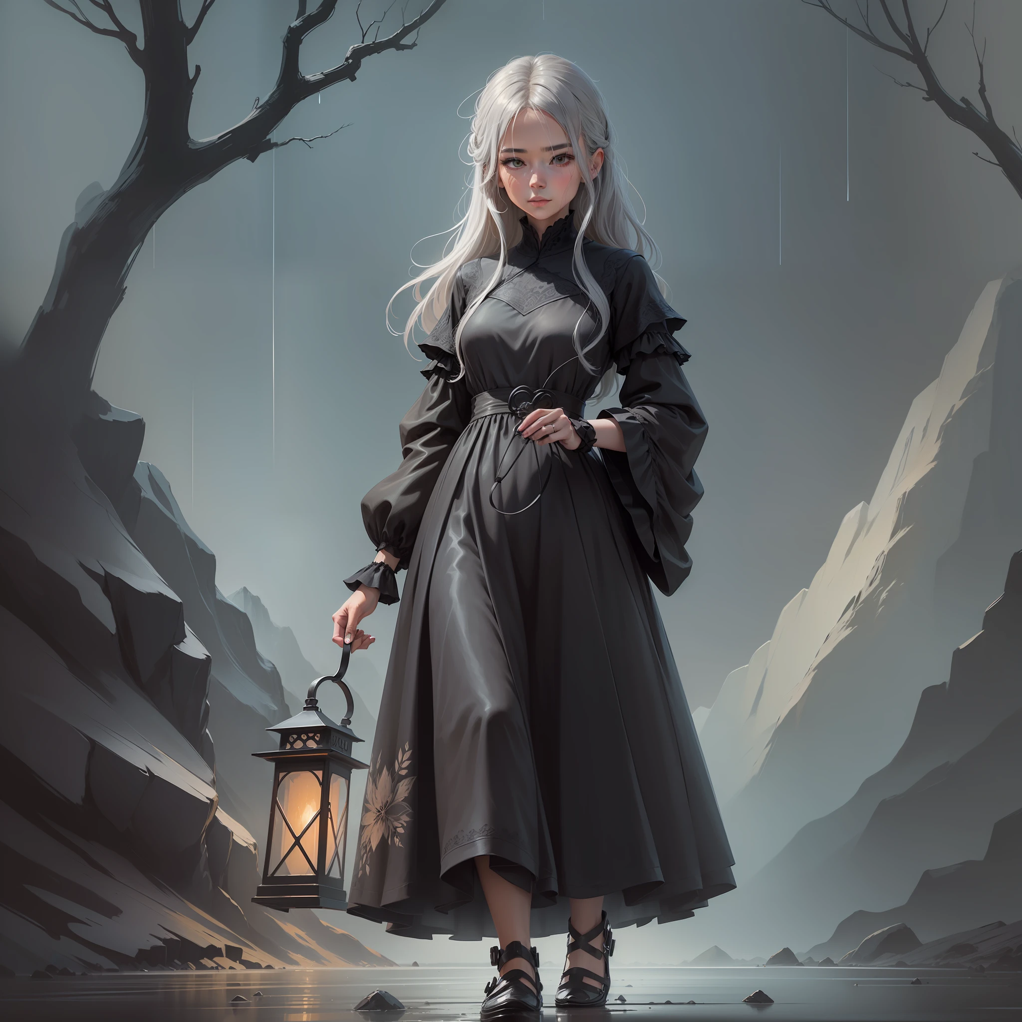 (High-quality hand-drawn, cool painting style) A gray-haired girl stands beautifully in the deep mountains and rainy night, holding a lantern and walking lightly. She is dressed in black silk and a beautiful dress, shining in the dark, giving a mysterious and impressive feeling.