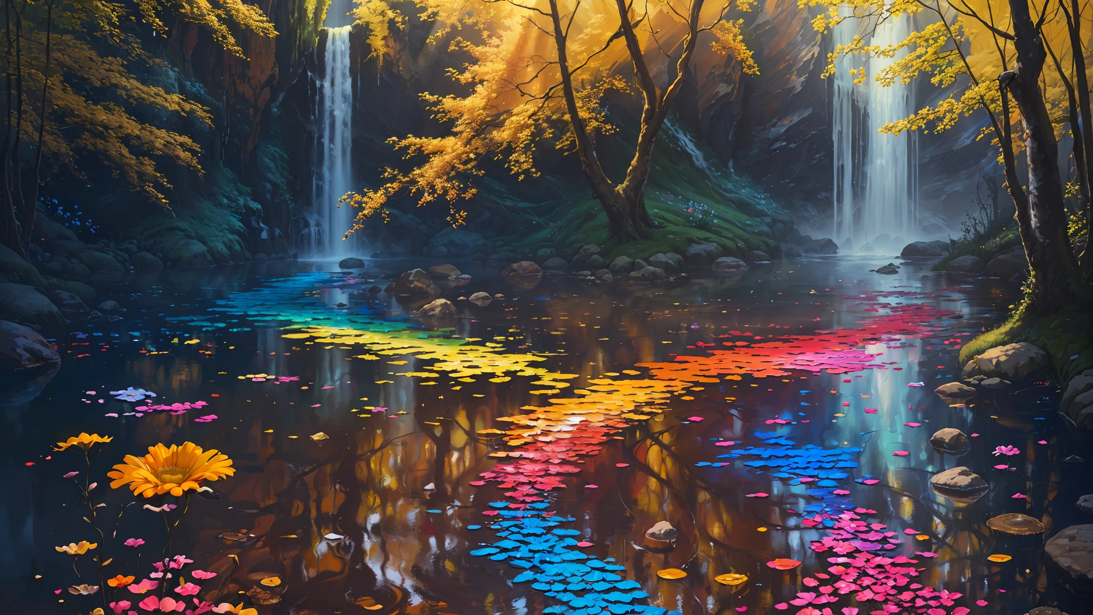(level difference: 1.8),(Painting colliding and splashing on canvas),(depth), biblical paradise in a garden of amazing flowers,(liquid rainbow hair paint:1.1) made of painting and defying gravity, thick flow, (splashes of paint: 1.3), liquid state, incredibly beautiful, masterpiece, detailed background, high quality model, ethereal background, abstract beauty, explosive volume, oil painting, heavy brushstrokes, romantic lighting, sub-scattering surface, lens 135 mm, f1.8, brightness, 8k, high resolution, dreamy, ray tracing, hdr, divine rays,