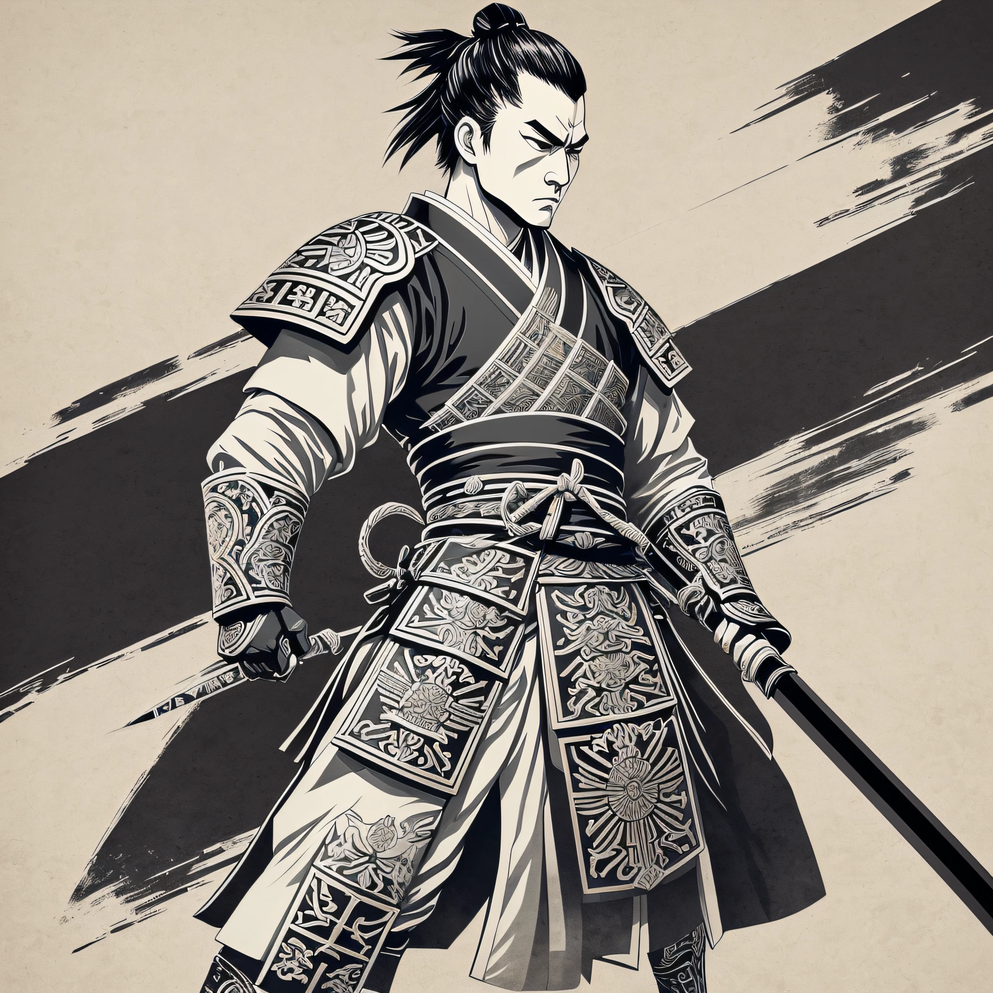 High contrast Japanese samurai design with crisp and clean lines. Minimalist color palette and sleek logo design, all centered around the iconic samurai emblem. Emphasis on the details of traditional samurai garb with a modern twist. (1 samurai), serious expression, sword unsheathed, standing in a dynamic pose. --auto --s2