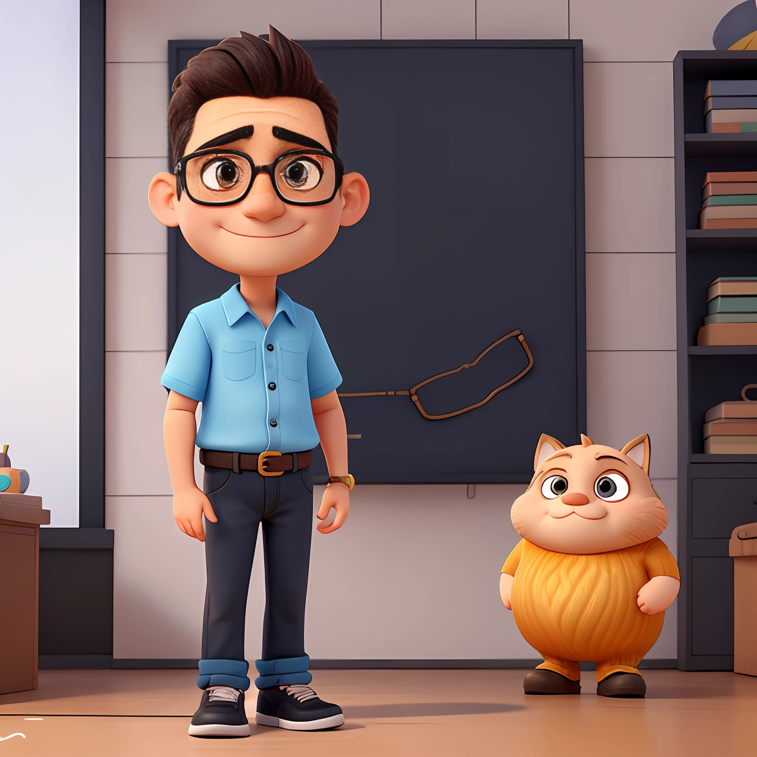 Cute small 45-years-old male programmer , huge head, shot Undercut hair,thin eyebrow , wearing Round thin frame gold wire glasses, highly detailed eyes,front-facing, fat, Wearing Gradient Short Sleeve Shirt and dark blue jeans and black running shoes, looks like a boss, full body view, highly detailed hands ,Toy figures,best quality, 3d cartoon,full body view, fantasy, dreamlike, surrealism, super cute, trending on artstation