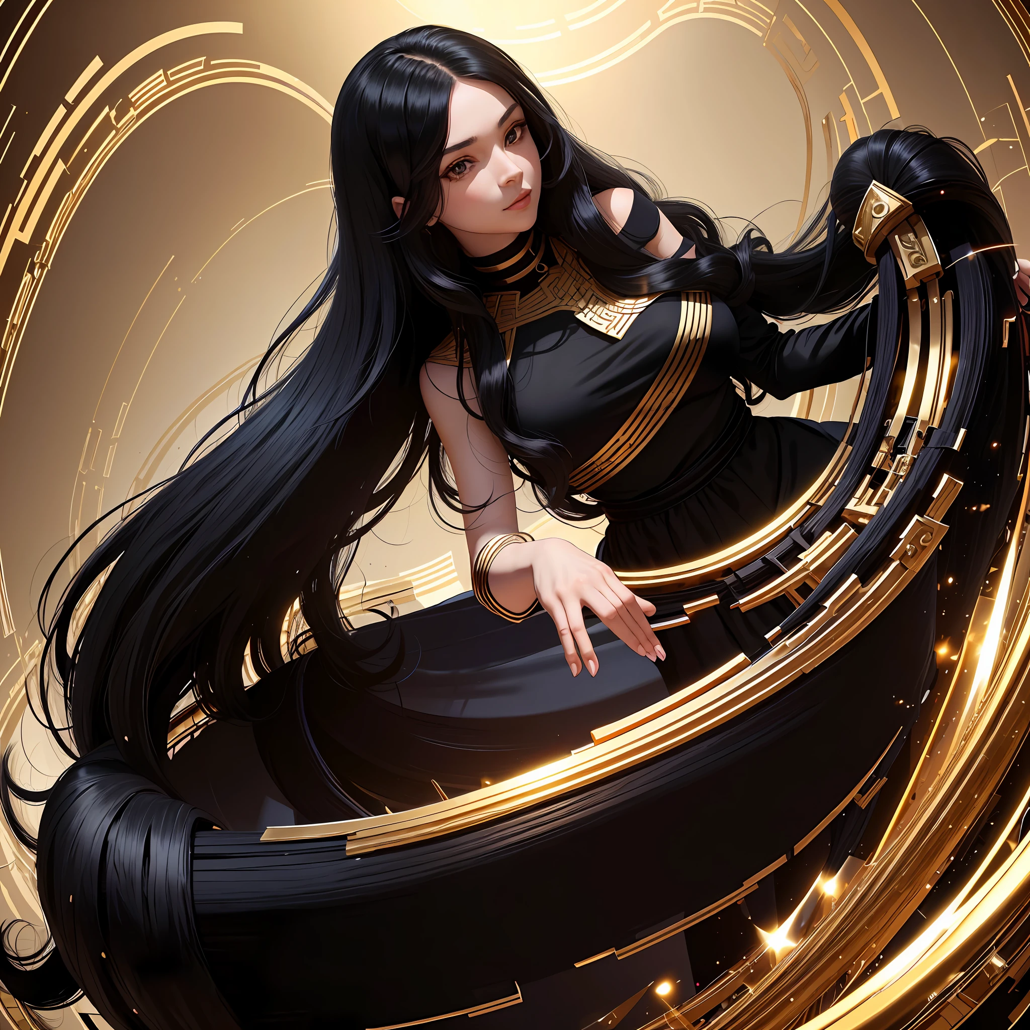 God, the best quality, 1 woman, long black hair slightly curly, black beautiful eyes, face without makeup, warm and charming, black dress with gold-rimmed red lines, the whole body is about 170, showing less body is not very good