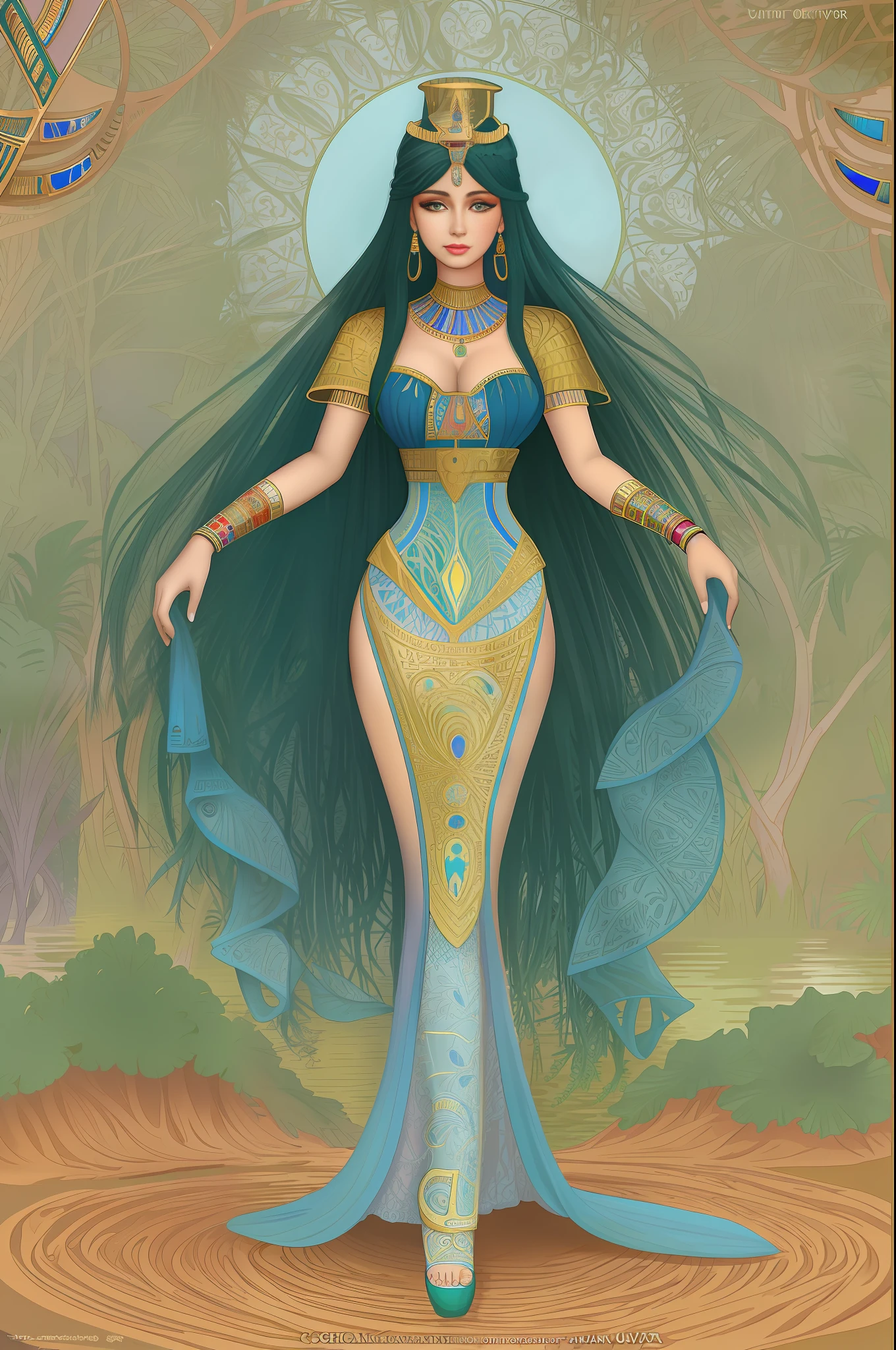 CCDWR Illustrated Artwork with (Full Body) Portraits of Beautiful (Egyptian) Women [odalisque | Gypsies | Nomads | Witches | Goddesses] possesses perfect [anatomy|silhouette] and perfect [diorama | body shape | physique] across a [flood | swamp] oasis [ mangrove | river | swamp] In the middle of the Sahara, CCDWR concept [ art | character design | costume design | fashion design ] (in (colorful new Victorian style) CCDWR artstyle [（Victo Ngai）| James Jean] inspired by Alphonse Mucha