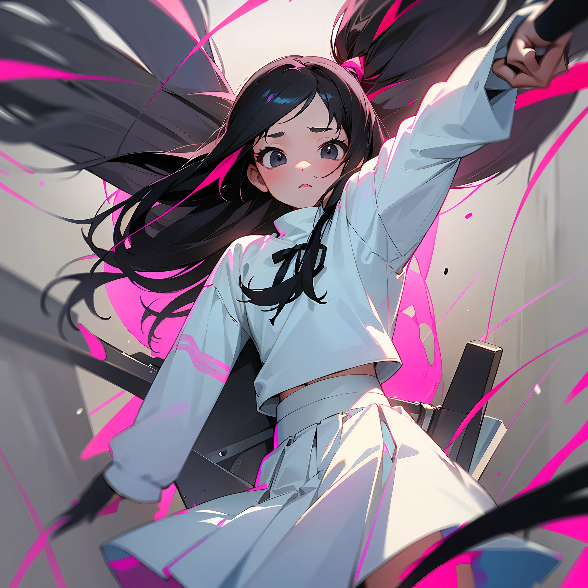 God, cute 12-year-old woman, black eyes, long black hair tied up, white skirt pink lines, youthful, very white, very thin, little exposed, about 160 all over the body