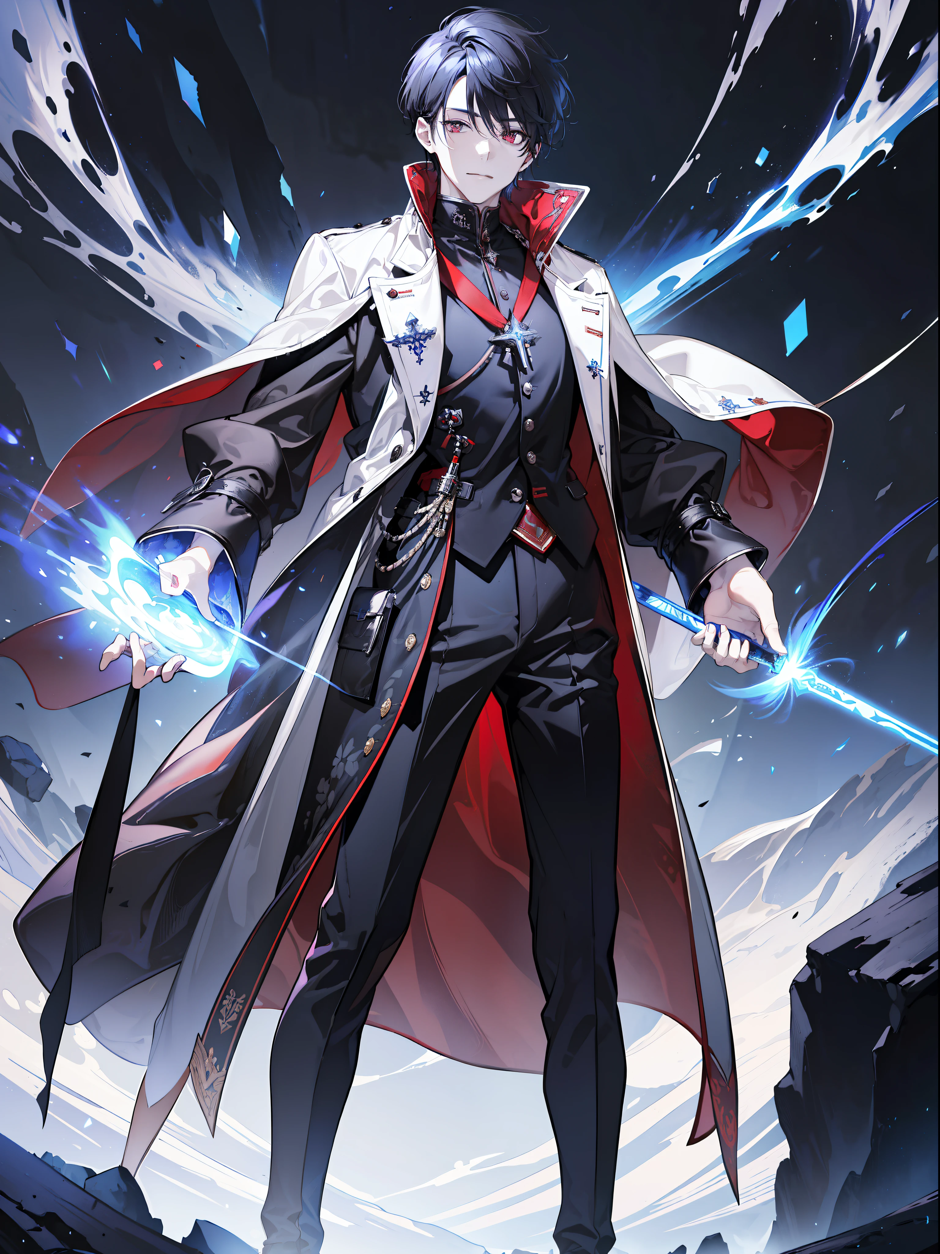(absurd, high resolution), (panorama), a man, very handsome, noble, red eyes, short hair, black hair, smile, white clothes, black trench coat, black trousers, black boots, (hands white magic streamer), medieval wind, magic bloom, (blue magic array under the feet), ancient wind, soul ring, exaggeration, flame, lightning