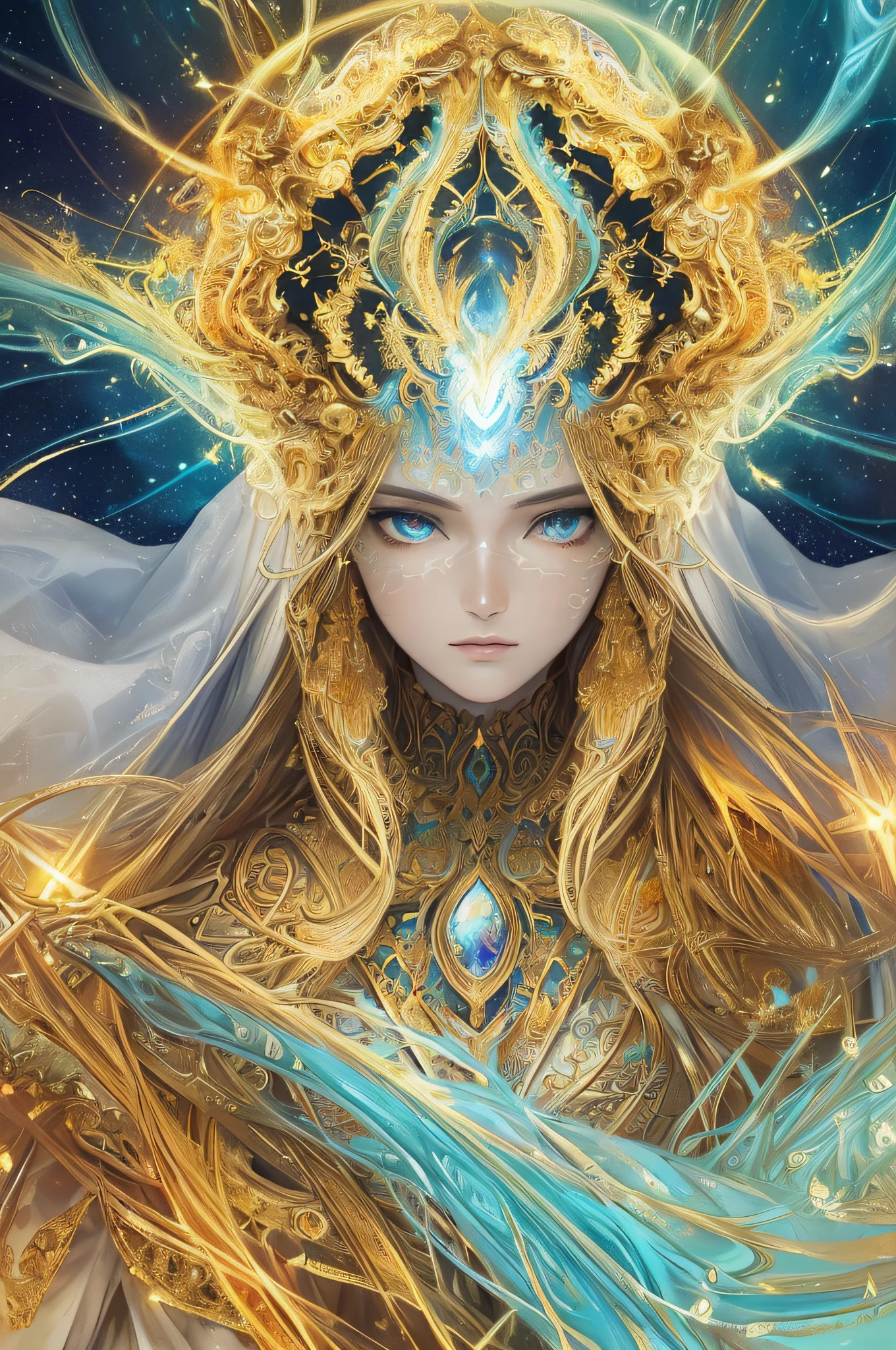 (masterpiece, top quality, best quality, official art, beautiful and aesthetic:1.2), (1girl), extreme detailed eyes, (fractal art:1.3), colorful, highest detailed, (perfect face), shiny skin, HDR, (white cloak golden lines:1.2), galaxy, (light streaks), striking visuals, (dynamic streaks, luminous trails:1.2), vibrant colors, (phoenix), (dragon)