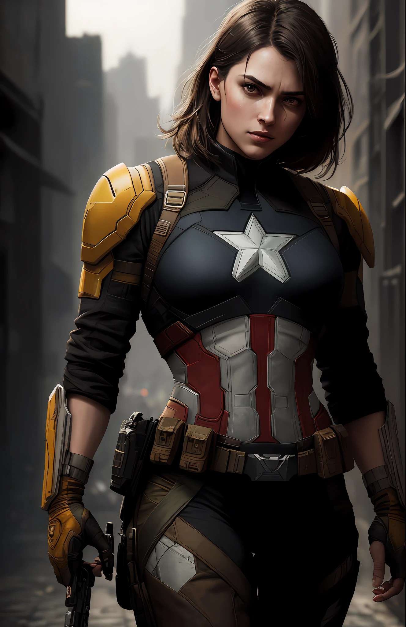 (dark shot: 1.1), epic realistic, Woman dressed as Captain America (sexy) from Marvel, yellow gradient, black, brown and magenta color scheme, grunge aesthetic!!! graffiti tag wall background, art by Greg Rutkowski and artgerm, soft cinematic light, Adobe Lightroom, darkroom, HDR, intricate, highly detailed, (depth of field: 1.4), faded, (neutral colors: 1.2), (hdr: 1.4), (muted colors: 1.2), hyper-detail (artstation: 1.4), cinematic, warm light, dramatic light (complex details: 1.1)