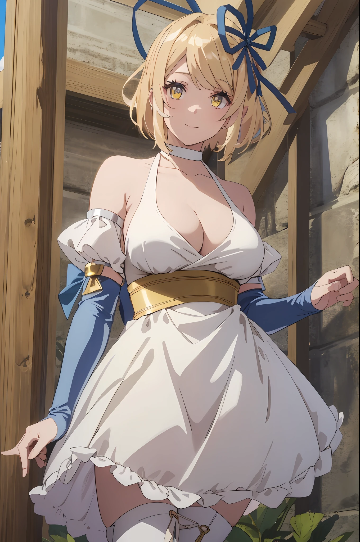 best quality, 4k, ((masterpiece)), extremely detailed, 8k, trending on ArtStation, Intricate, High Detail, Sharp focus, farm, day, sun, outdoors, anime coloring,
standing, (from front:1.2), (looking at viewer:1.2), (big breasts:1.2), skindentation, smile, 1girl, (solo:1.2),
tia, blonde hair, cleavage, white dress, bridal gauntlets, thighhighs, yellow eyes, short hair, bare shoulders, sleeveless dress, ribbon, toeless legwear, elbow gloves, hair ribbon, collarbone, blue ribbon, bangs