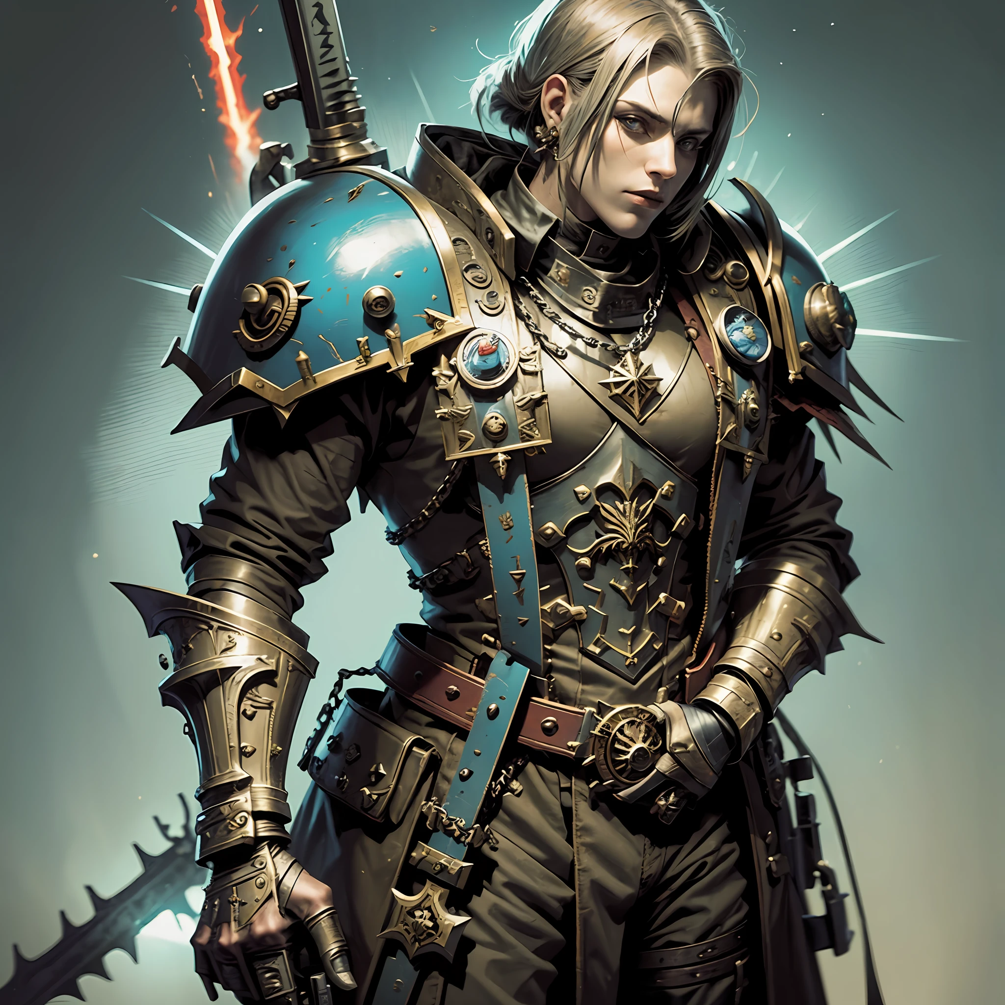 Warhammer 40k Dirt, Sadism, Sin, Treachery, Emperor Five Gods Chosen Krieg soldier, wearing the Five Gods Chosen Astarte uniform, left hand shotgun, right hand chain saw sword --auto --s2