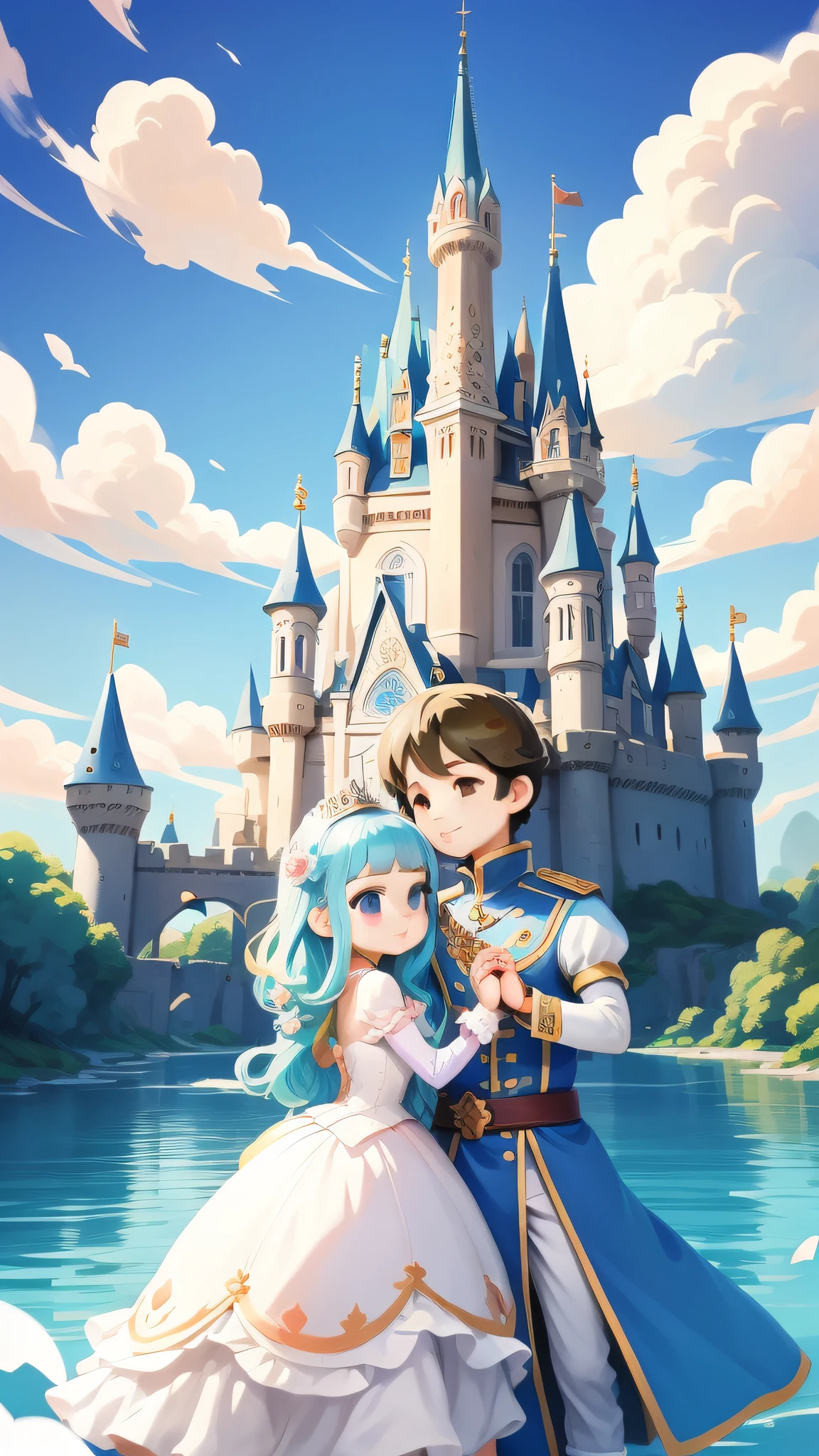 Illustration style, fresh, cute, prince and princess holding hands, characters occupy half of the picture, the background is a castle, blue sky and white clouds --auto --s2