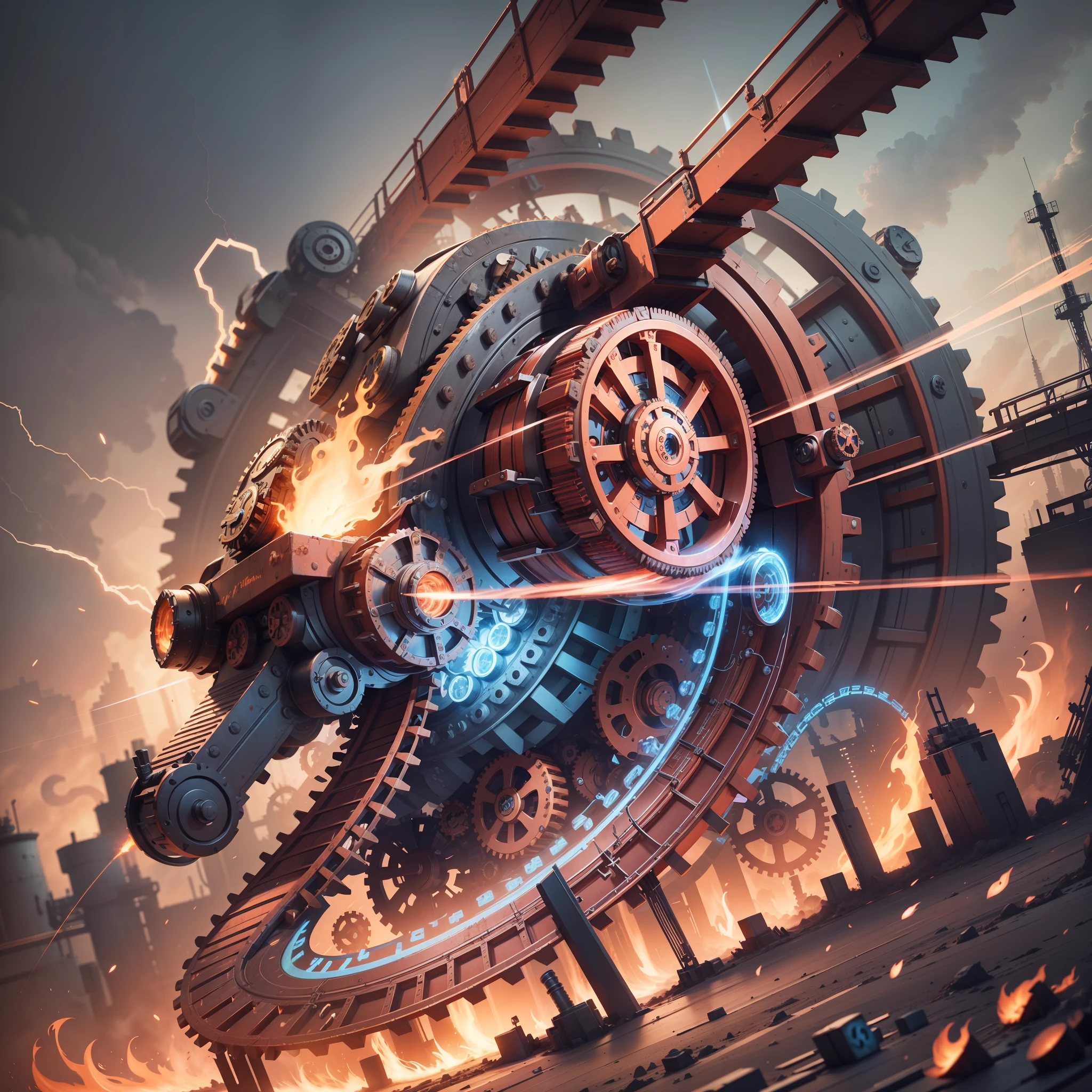 Strong contrast between the complex circuitry details in 8K and the vivid steampunk concept, rendered with high octane by Rolands Zilvinskis' 3D art. The collision of blue and red flames creates a dynamic visual impact. Alchemy punk, large-scale machinery, copper, iron, gears, pipes, eyes, smile, limbs, circular