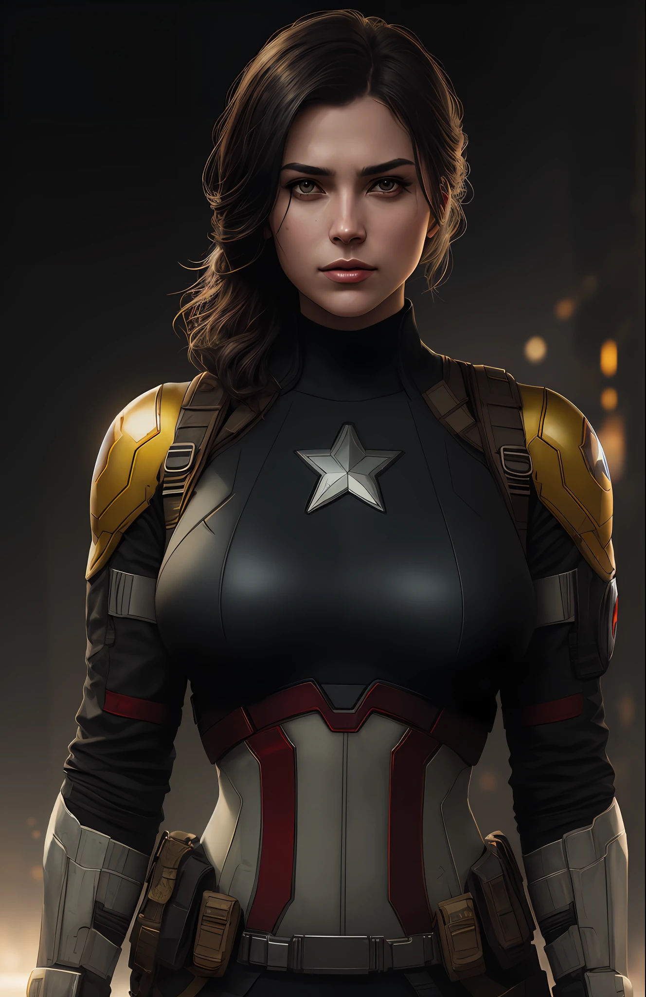 (dark shot: 1.1), epic realistic, Woman dressed as Captain America (sexy, big boobs) from Marvel, yellow gradient, black, brown and purple color scheme, grunge aesthetic!!! graffiti tag wall background, art by Greg Rutkowski and artgerm, soft cinematic light, Adobe Lightroom, darkroom, HDR, intricate, highly detailed, (depth of field: 1.4), faded, (neutral colors: 1.2), (hdr: 1.4), (muted colors: 1.2), hyper-detail (artstation: 1.4), cinematic, warm light, dramatic light (complex details: 1.1)