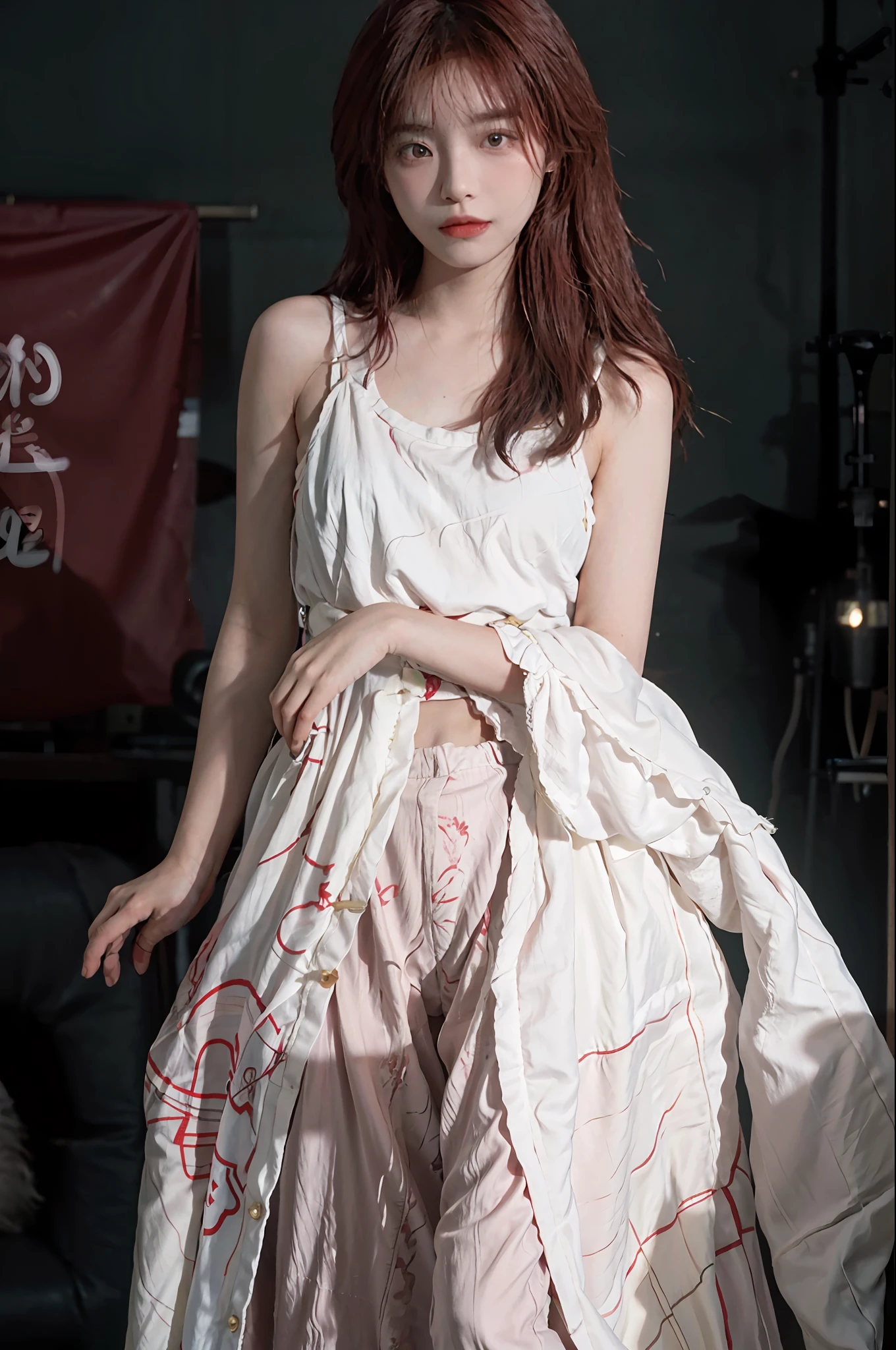 DSLR camera photo, red hair, natural movements, cute expressions, soft lighting, realistic, green lighting, hard shadows, masterpiece, best quality, complex, high detail, 8k, model shooting style, film grain,