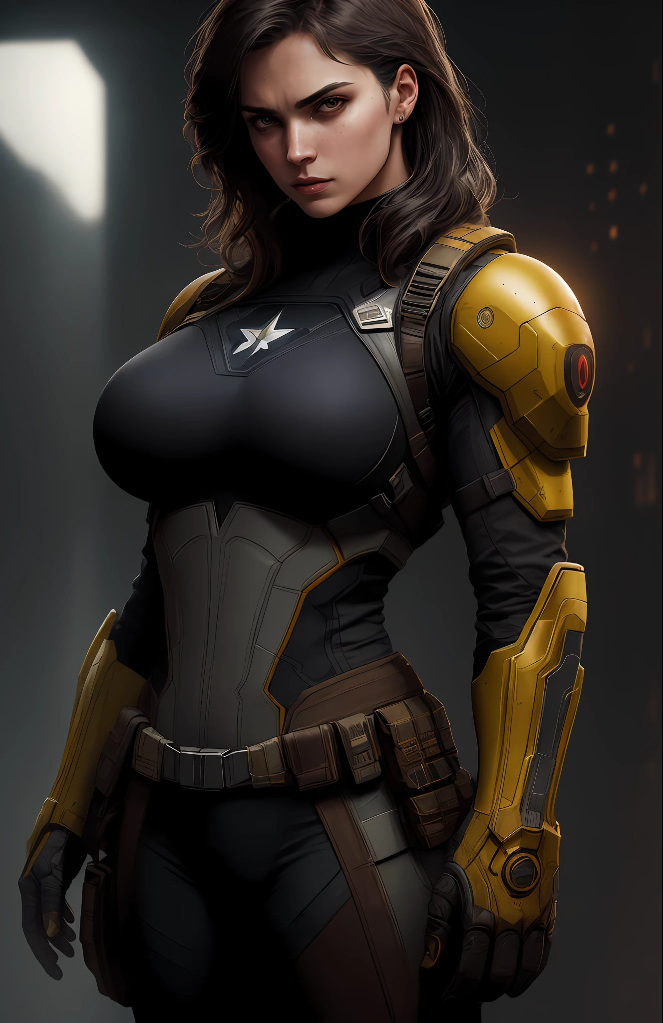 (dark shot: 1.1), epic realistic, Woman dressed as Captain America (sexy, big boobs) from Marvel, yellow gradient, black, brown and purple color scheme, grunge aesthetic!!! graffiti tag wall background, art by Greg Rutkowski and artgerm, soft cinematic light, Adobe Lightroom, darkroom, HDR, intricate, highly detailed, (depth of field: 1.4), faded, (neutral colors: 1.2), (hdr: 1.4), (muted colors: 1.2), hyper-detail (artstation: 1.4), cinematic, warm light, dramatic light (complex details: 1.1)