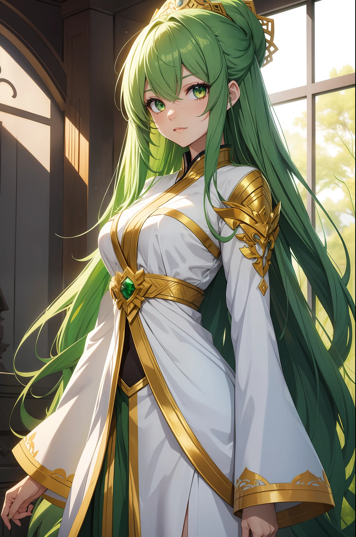Girl, green flowing hair, golden eyes, White Imperial Outfit, anime