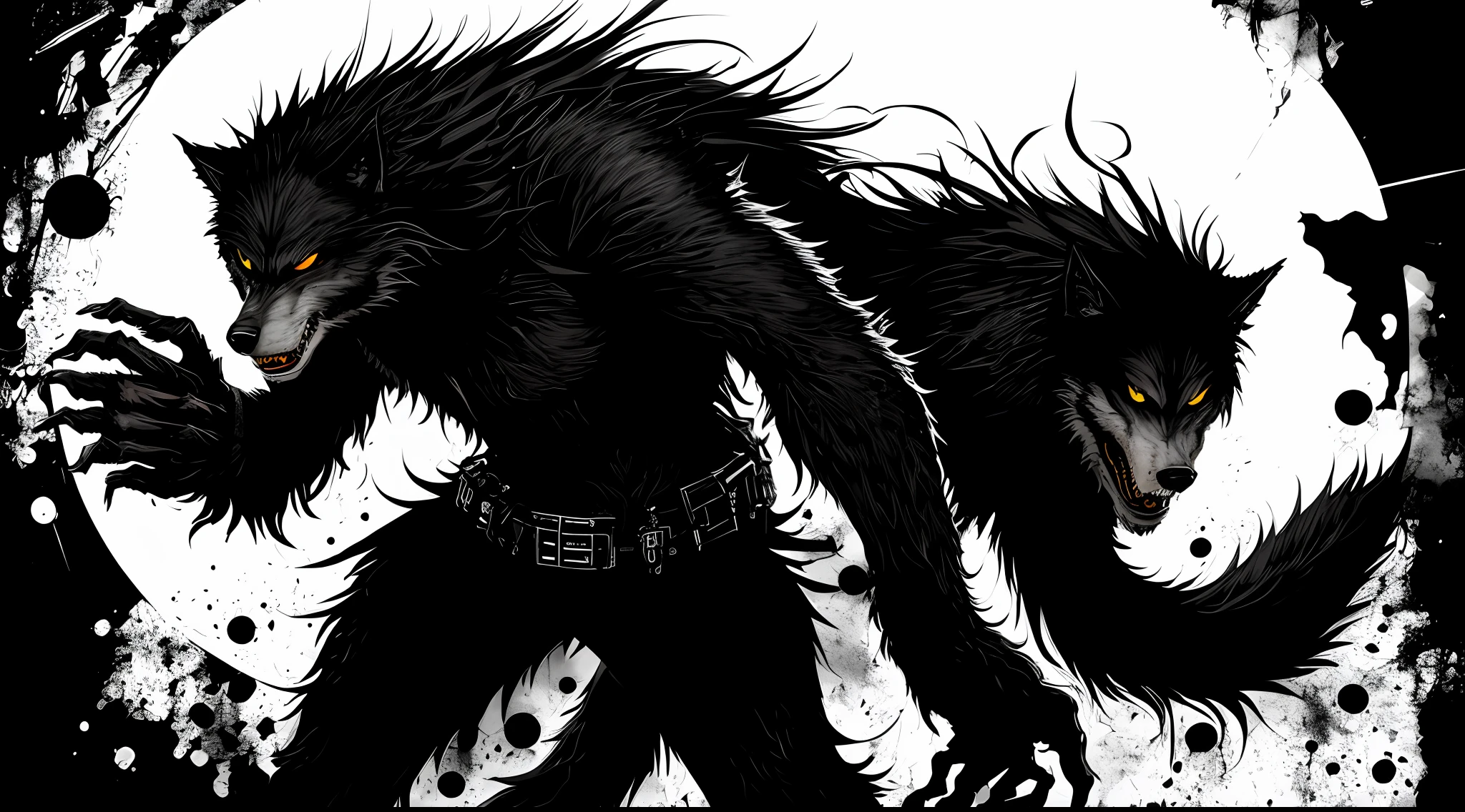 (a full body werewolf, solo, black and white), in the style of Mork Borg, strong contrast, grunge dirty punk splash art, zine black metal, blue and black background
