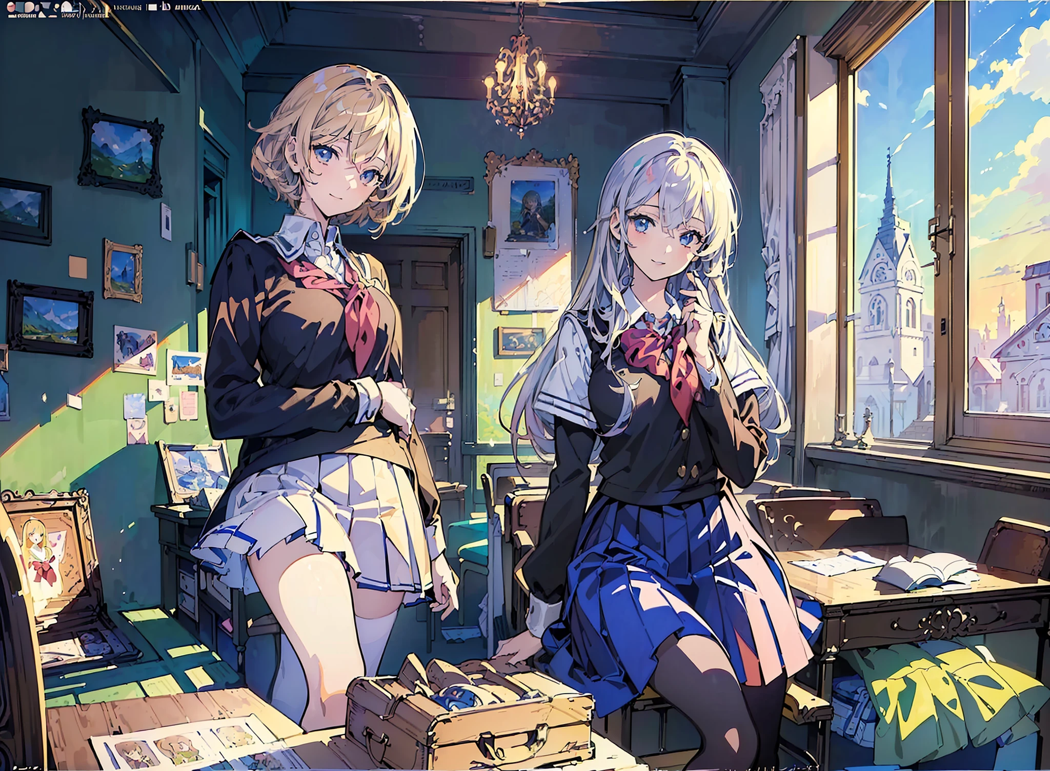 (masterpiece, top quality, best quality, beautiful illustration,official art,anime illustration, beautiful and aesthetic,3Girl,:1.5),beautiful face,transparency,(wearing school uniform:1.5) ,smiling,chatting with friends,friends,fun,masterpiece background school, classroom, ground, students,4k wallpaper