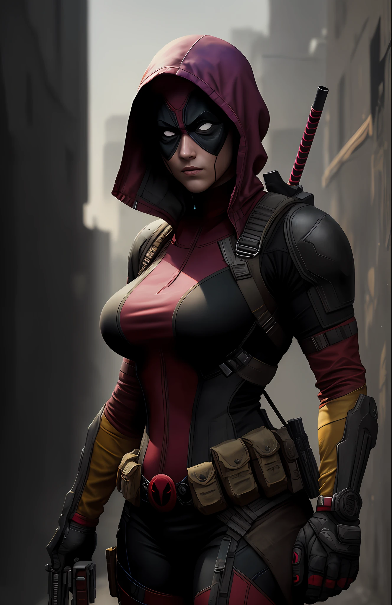 (dark shot: 1.1), epic realistic, Woman dressed as Deadpool (sexy, big boobs) from Marvel, yellow gradient, black, brown and magenta color scheme, grunge aesthetic!!! graffiti tag wall background, art by Greg Rutkowski and artgerm, soft cinematic light, Adobe Lightroom, darkroom, HDR, intricate, highly detailed, (depth of field: 1.4), faded, (neutral colors: 1.2), (hdr: 1.4), (muted colors: 1.2), hyper-detail (artstation: 1.4), cinematic, warm light, dramatic light (complex details: 1.1)